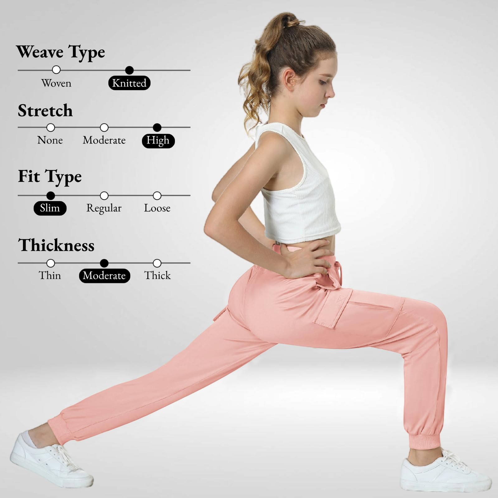 EXARUS Girls Cargo Jogger Pants - Slim Fit with Zip Pockets, Quick-Dry Lightweight Fabric, Adjustable Drawstring Waist (Ages 8-14 Years) - Perfect for School, Sports & Outdoor Activities