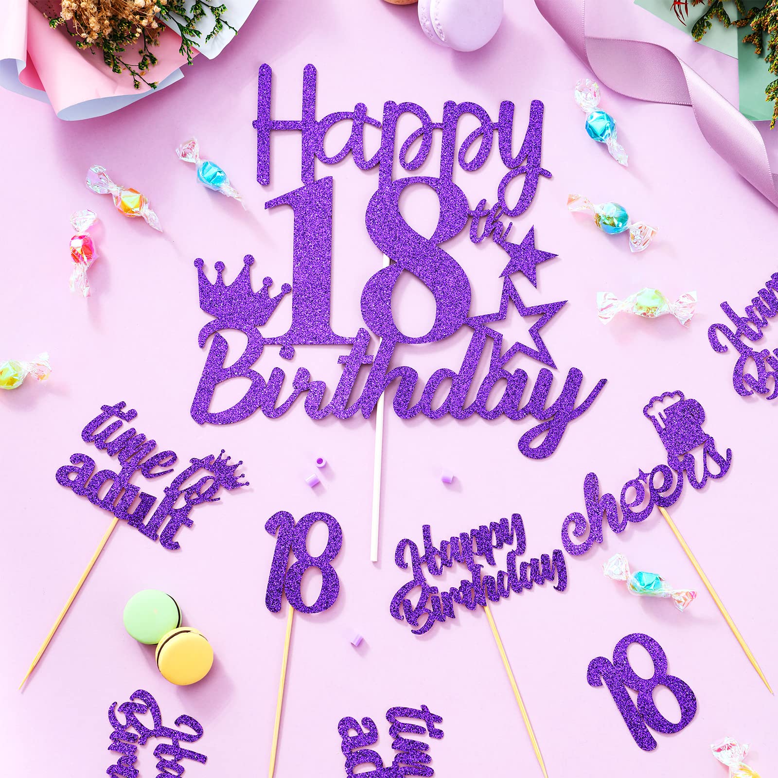 Happy 18th Birthday Cake Toppers - 25 Pack Purple Cake Picks & Cupcake Decorations for Girls | Eighteen Years Old Party Supplies for Birthday Celebrations, Sweet 16 Parties & Milestone Events