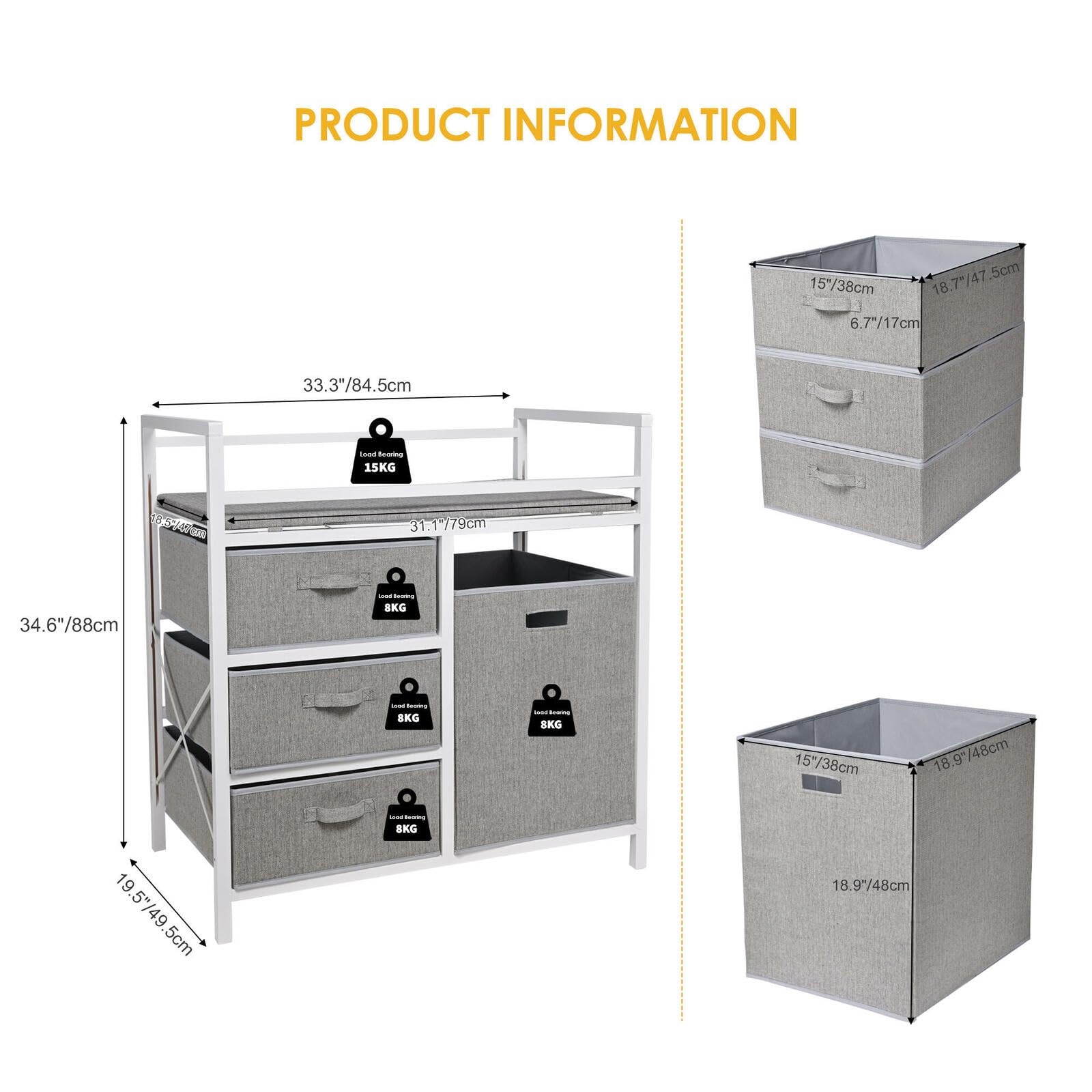 LIVINGbasics Baby Changing Table with Storage Organizer, 3 Drawers & Laundry Hamper - Safe Diaper Changing Station for Nursery, Bedroom & Daycare - Perfect Baby Shower Gift for New Parents