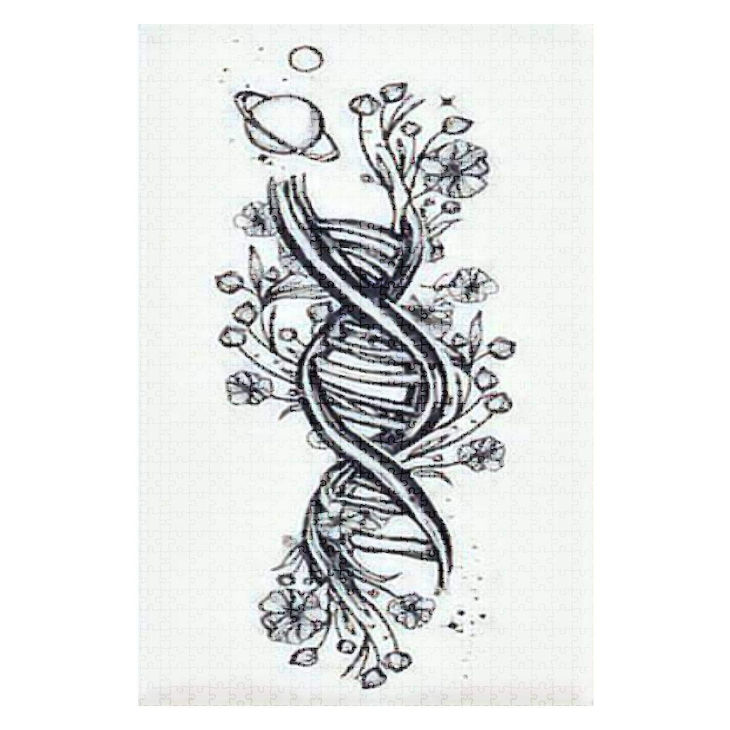 1000 Pieces Wooden Jigsaw Puzzle - DNA Chain & Art Nouveau Flowers Tattoo Design - Fun & Challenging Educational Board Game for Adults & Kids - DIY Science Art Toy for Home Decor, Gifts & Family Game Night