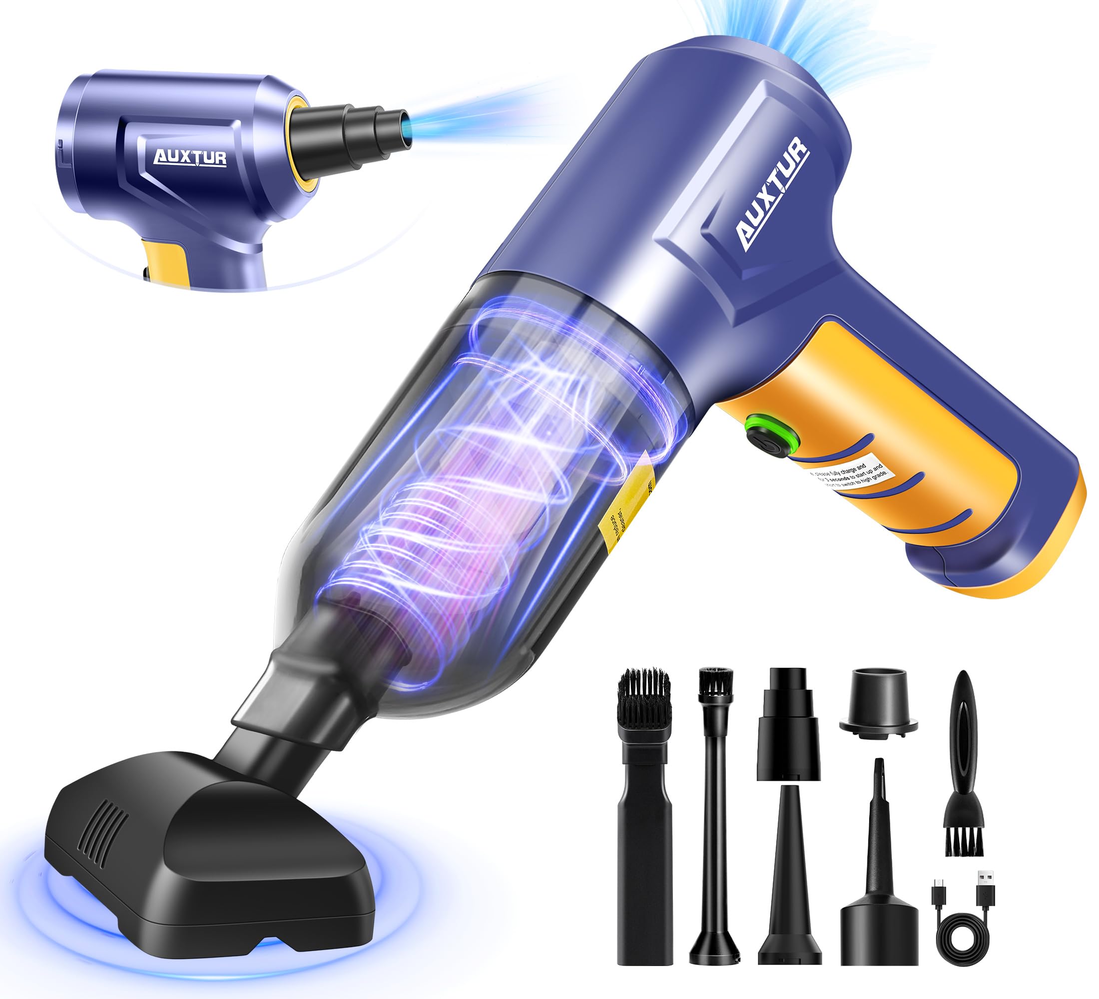 Powerful 15000PA Cordless Handheld Car Vacuum Cleaner - 3-in-1 Portable Vac with Brushless Motor, 5200mAh Battery & Type-C Charging (Blue/Yellow, Model SW101) - Perfect for Car Detailing, Home Cleaning & Pet Hair Removal