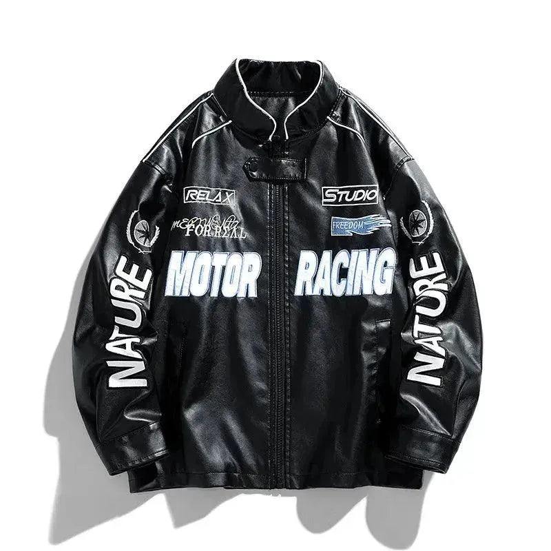 Men's Casual Letter Embroidered Genuine Leather Jacket - Stylish Biker Jacket for Everyday Wear, Motorcycle Riding & Outdoor Adventures