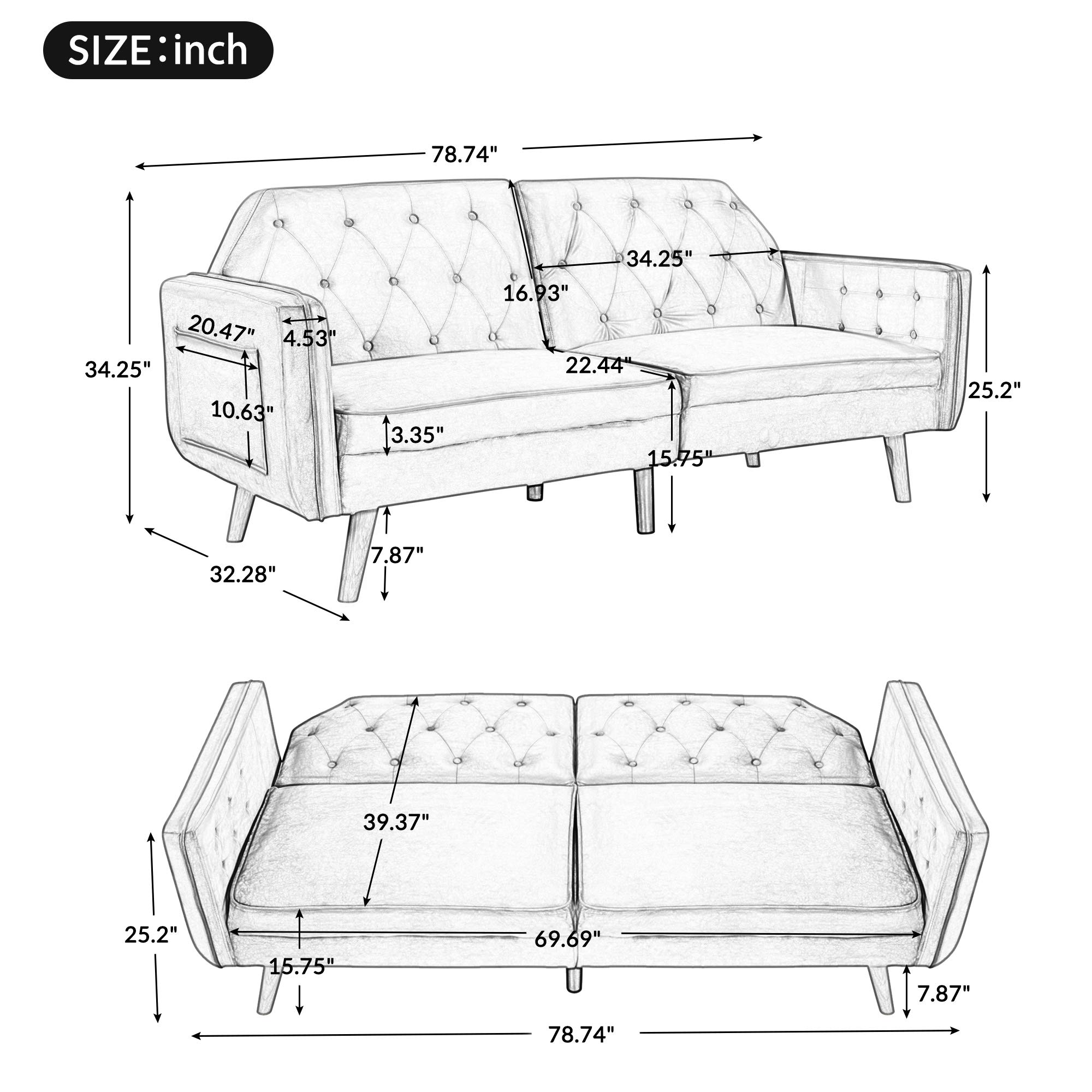 Modern Velvet Convertible Futon Sofa Bed with Wood Legs & Armrests - 3 Adjustable Backrests for Small Spaces, Apartments & Guest Rooms | Twin Size Sleeper Couch for Overnight Guests, Living Room & Studio (Gray)