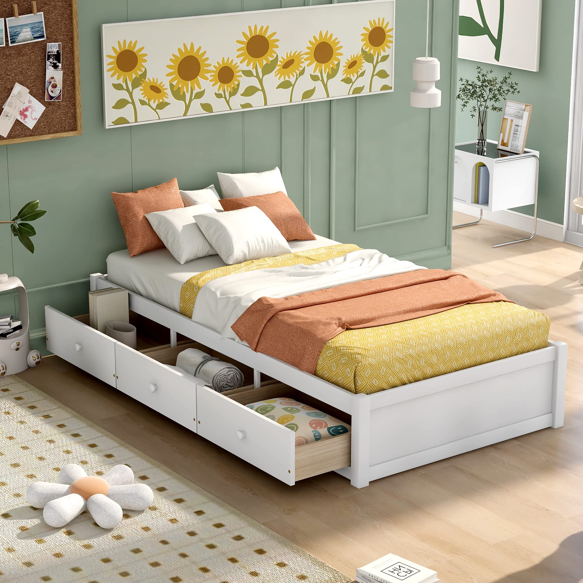 Twin Size Wood Platform Bed Frame with 3 Storage Drawers - Sturdy Support Slats, No Box Spring Needed - Perfect for Kids, Teens & Adults Bedroom (White) - Ideal for Small Spaces, Guest Rooms & Dormitories