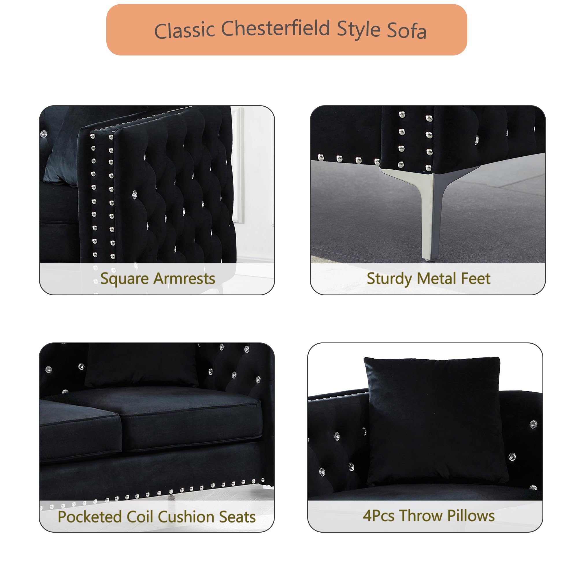 2-Piece Black Velvet Upholstered Living Room Furniture Set with Jeweled Buttons - 3-Seater Sofa & Loveseat, Square Arm Design, Includes 4 Decorative Pillows | Perfect for Modern Living Room, Home Theater, Office Lounge & Guest Reception Areas