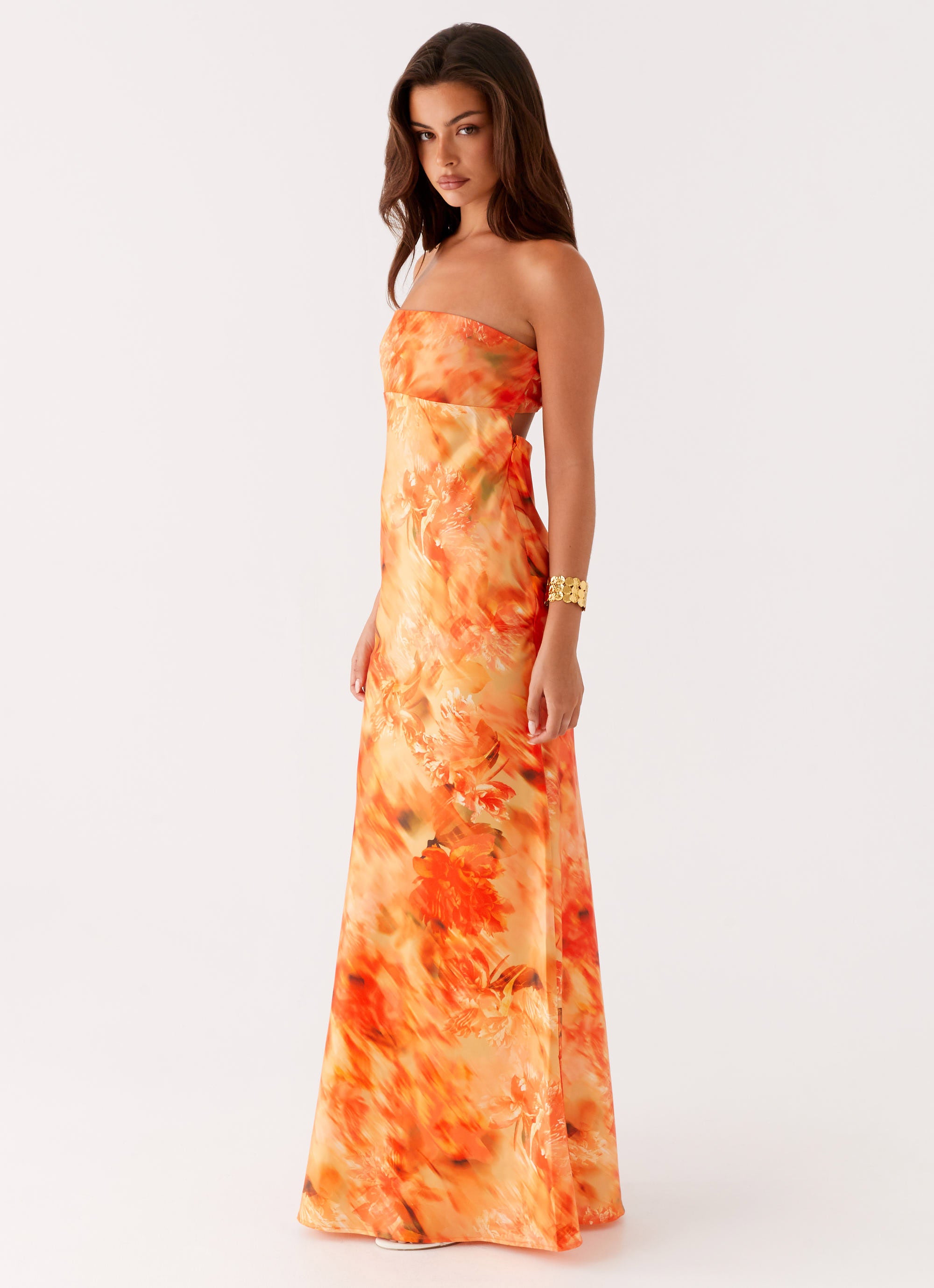 Carmen Maxi Dress - Sunset Floral Print Long Summer Dress for Women, Beach Wedding Guest Dress, Boho Chic Vacation Outfit