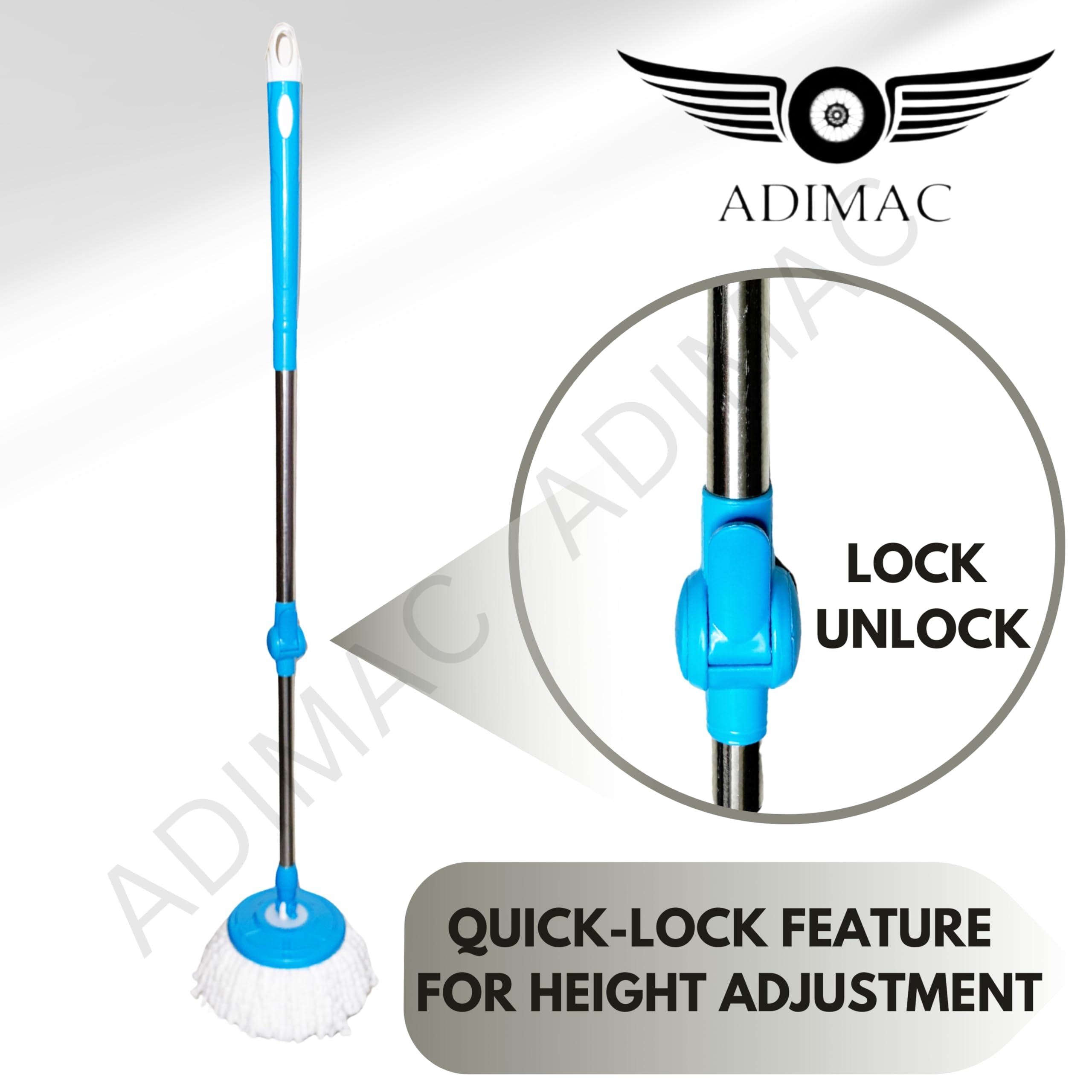 ADIMAC Heavy Duty 360 Degree Rotating Mop Stick - Stainless Steel & Plastic Mop Rod with 3 Refill Pads for Floor Cleaning | Perfect for Home, Office, Kitchen, Bathroom & Hard Surface Floors