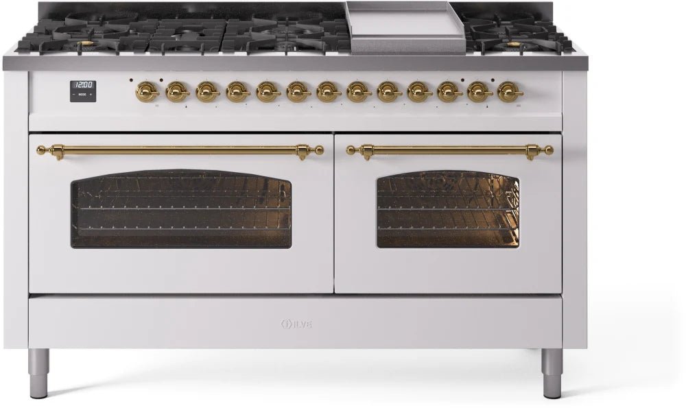 ILVE Nostalgie II 60-Inch Dual Fuel Range with Liquid Propane - White & Brass Trim (UP60FNMPWHGLP) | Professional Gas Stove for Home Kitchen & Restaurant Cooking