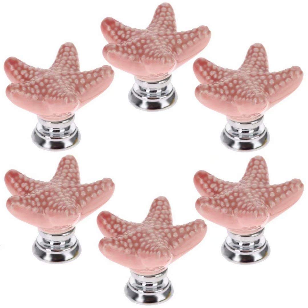 Pink Starfish Ceramic Drawer Pulls - 6 Pack Beach Theme Cabinet Knobs for Nursery Dresser, Wardrobe & Kitchen Cabinets | Ocean Decor Hardware for Coastal Home Decor