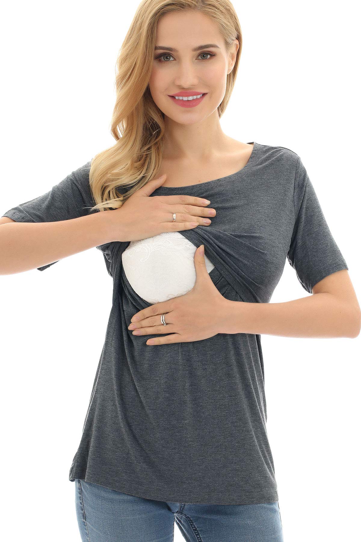 Bearsland Women's 3-Pack Maternity Nursing Tops - Soft Short Sleeve Breastfeeding Shirts for Comfortable Nursing & Everyday Wear - Perfect for Pregnancy, Postpartum & Nursing Mothers at Home or Outdoors