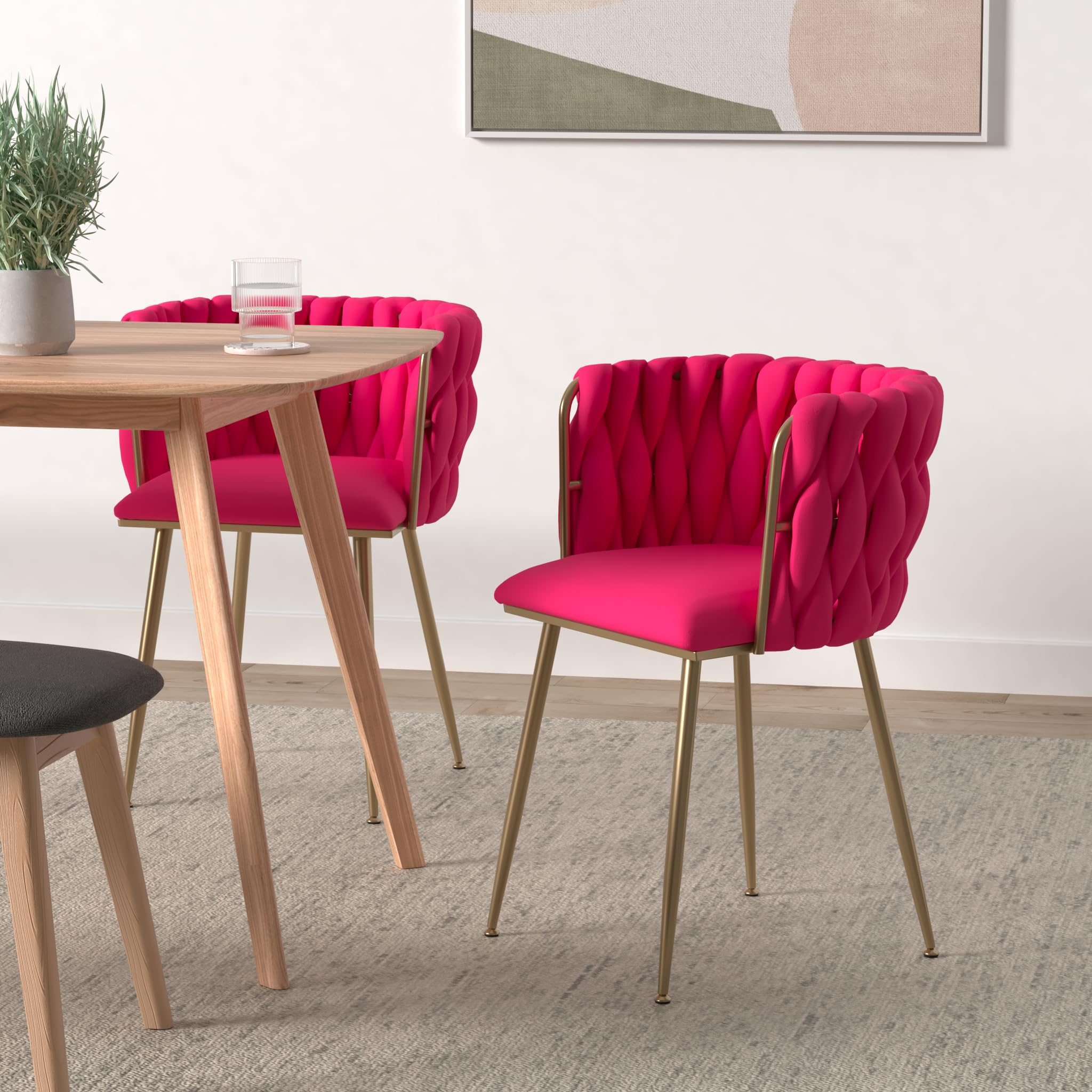 NIOIIKIT Modern Velvet Dining Chairs Set of 2 - Handwoven Upholstered Accent Chairs with Golden Metal Legs for Living Room, Dining Room, Kitchen & Vanity - Soft Rosered Velvet for Elegant Home Decor & Entertaining