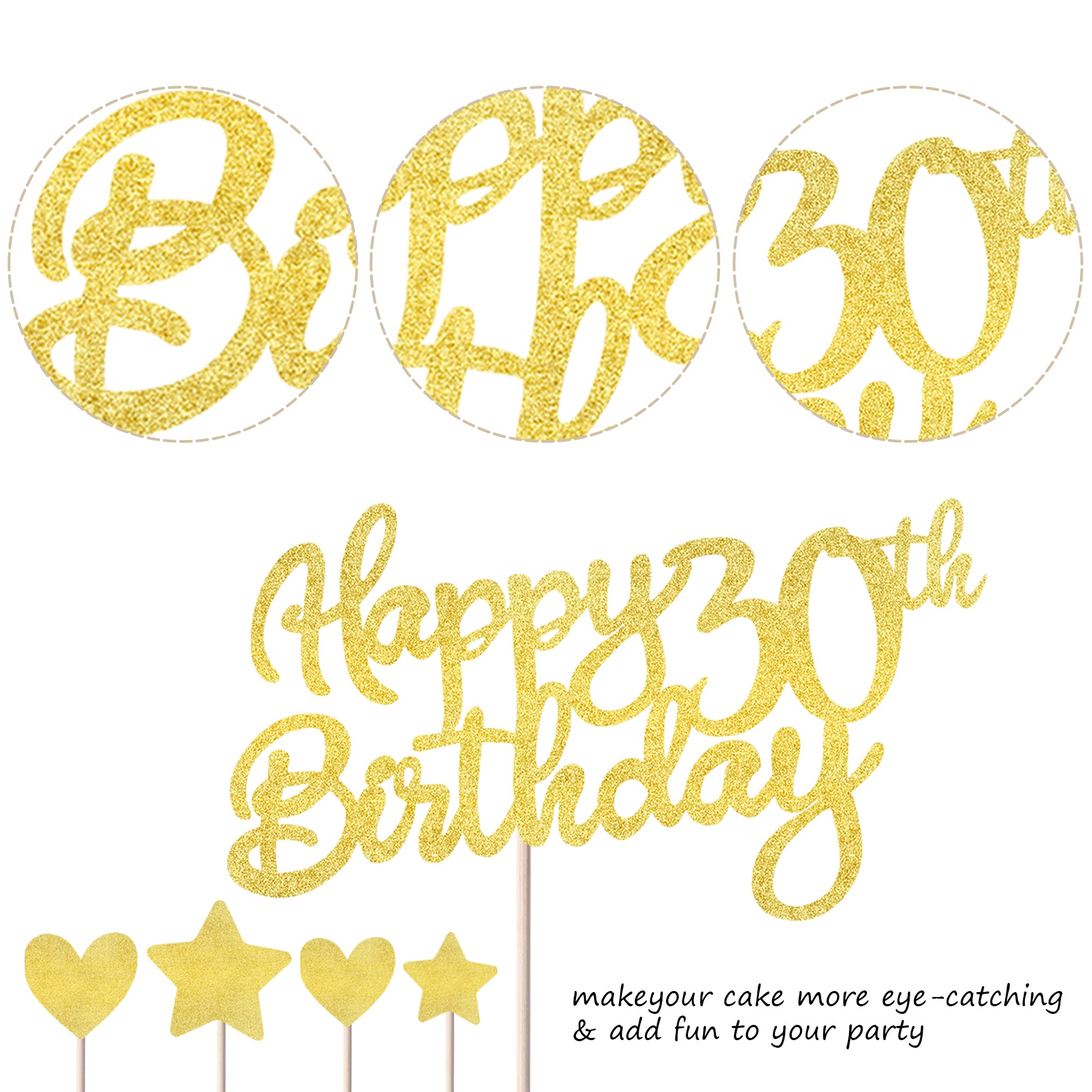 Rsstarxi 9 Pack Happy 30th Birthday Cake Topper Set - Glitter Heart & Star Cupcake Toppers for 30th Birthday Party Decorations | Perfect for Anniversary Cakes, Dessert Tables & Milestone Celebrations
