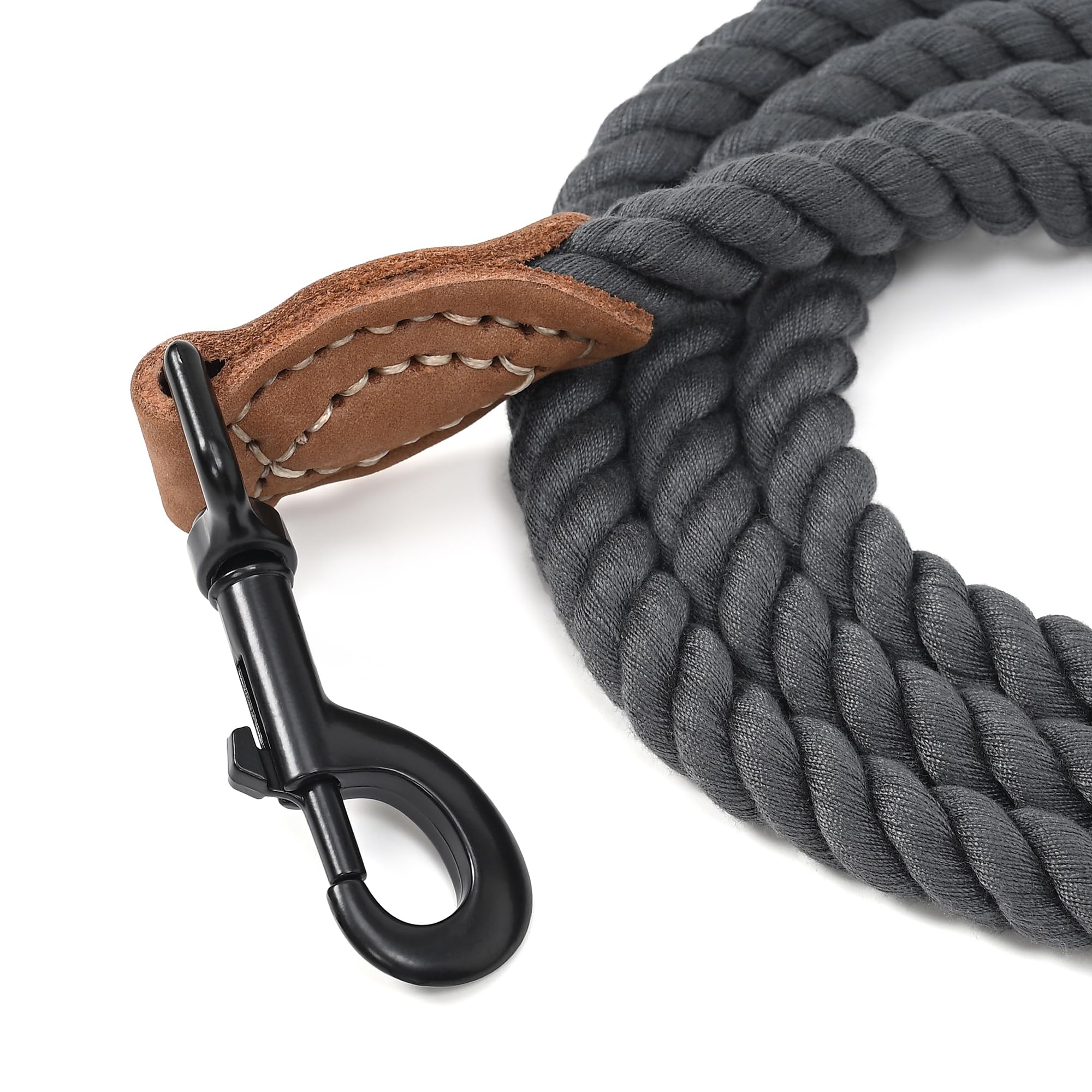 Premium Braided Cotton Rope Dog Leash with Leather Tip - Heavy Duty 4ft Pet Leash with Metal Clasp for Walking, Training & Weddings (Dark Grey, 48 Inches) - Durable Outdoor & Indoor Dog Accessory