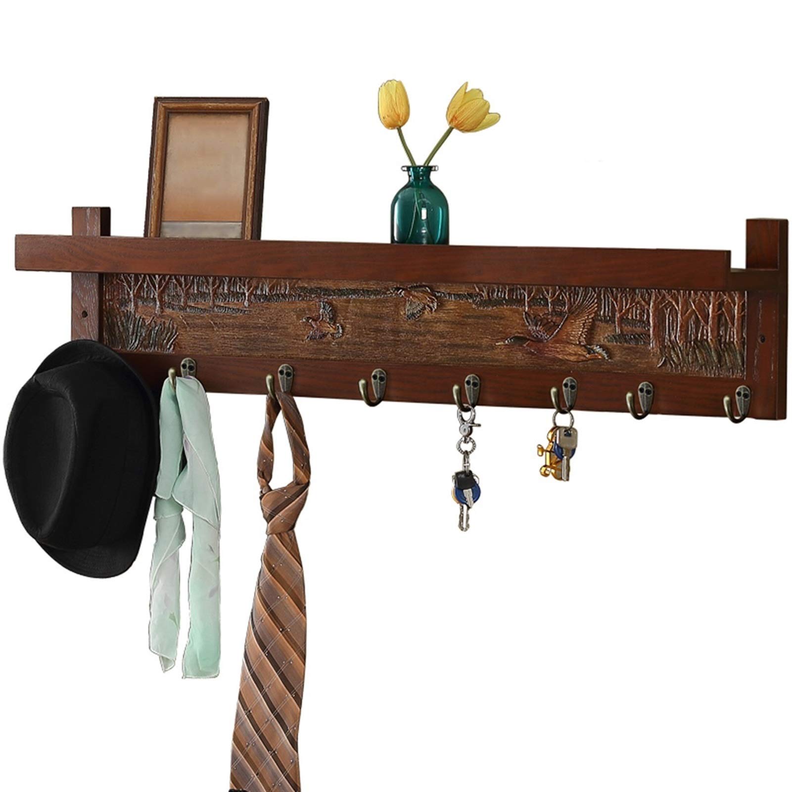 Vintage Wall-Mounted Coat Rack with Shelves - Antique Wooden Hooks for Jackets, Hats & Scarves - Space Saving Entryway, Hallway & Bedroom Storage Solution (Brown)