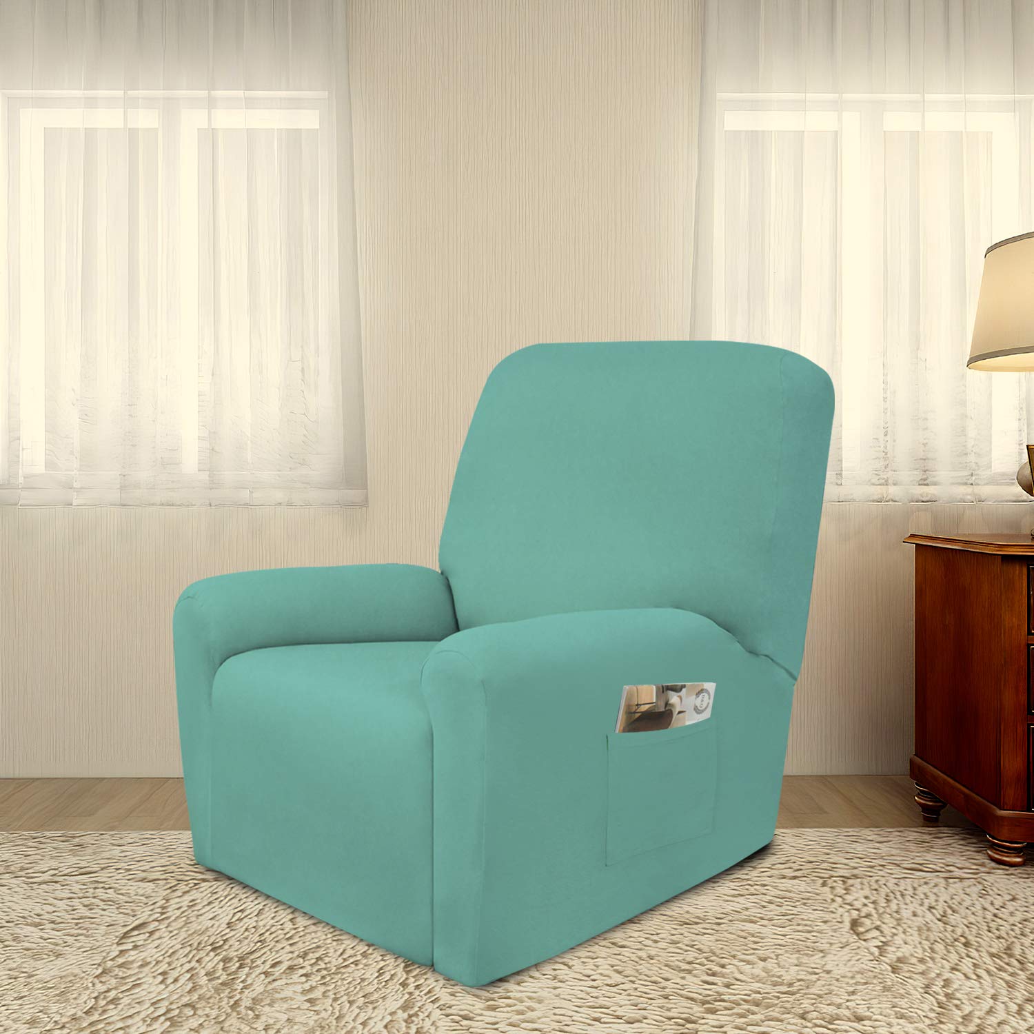 PureFit Super Stretch Sofa Slipcover with Pockets - Washable Spandex Couch Cover, Non-Slip Elastic Furniture Protector for Pets & Kids (Recliner, Cyan) - Perfect for Living Room, Family Gatherings & Pet-Friendly Homes