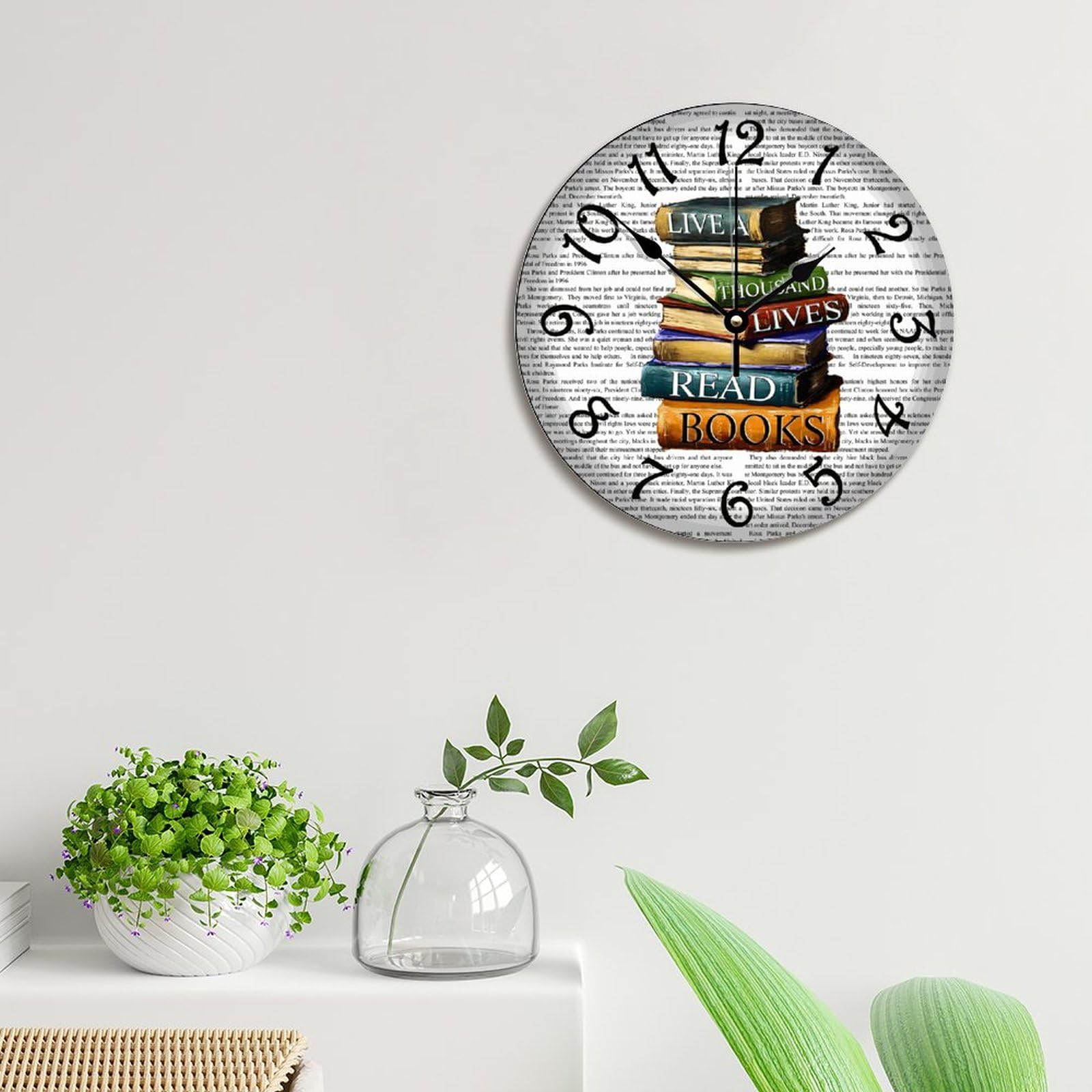 12 Inch Wooden Farmhouse Wall Clock - Battery Operated Rustic Library Clock with 'Lived A Thousand Lives' Book Quote - Perfect for Kitchen, Living Room, Bedroom, Office & Reading Nook Decor