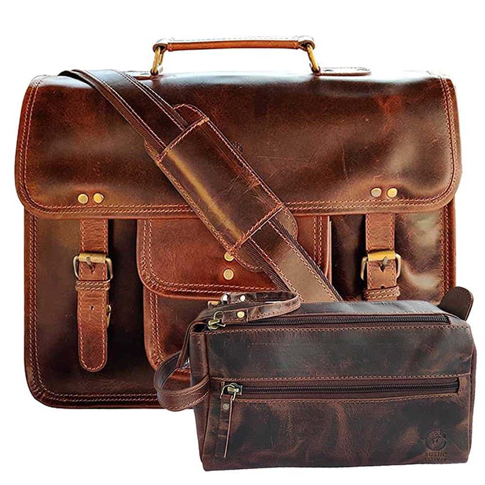 RUSTIC TOWN Premium Genuine Buff Leather Messenger Bag & Toiletry Set - Durable Business Travel Organizer for Men & Women | Perfect for Office Commute, Weekend Getaways & Corporate Gifts