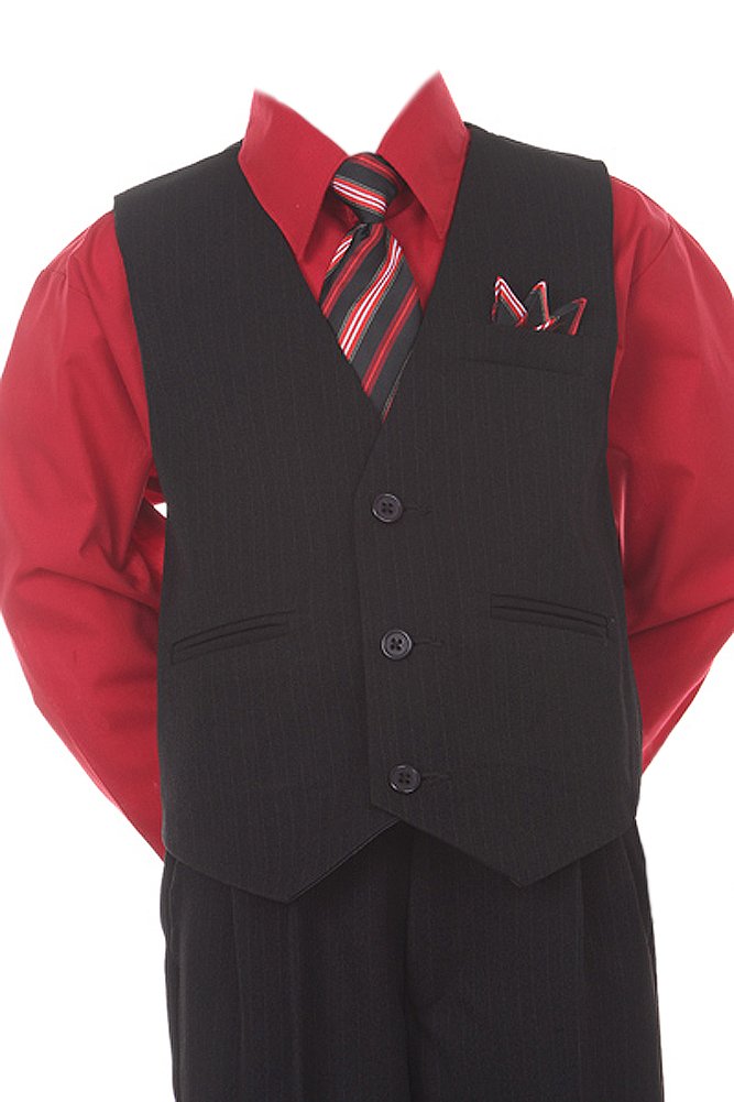 Stylish Boys Black Pinstripe Vest Suit with Red Shirt - Formal Outfit for Weddings, Parties & Special Occasions