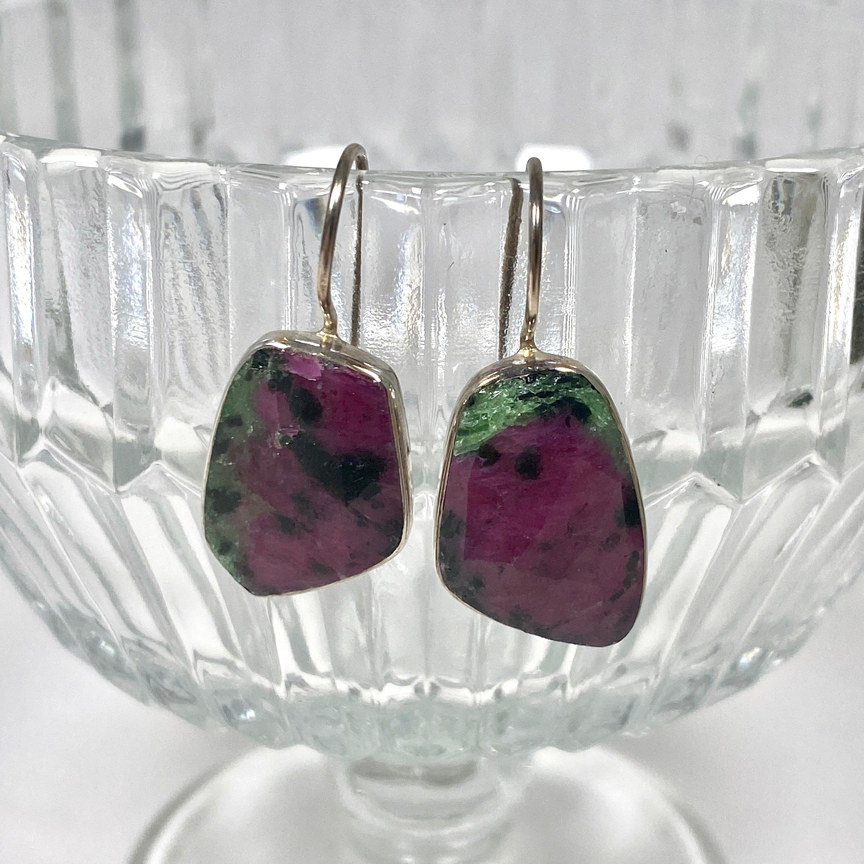 Ruby in Zoisite Faceted Freeform Hook Earrings KEGJ1119 – Elegant Handmade Jewelry for Women, Perfect for Parties, Weddings & Special Occasions