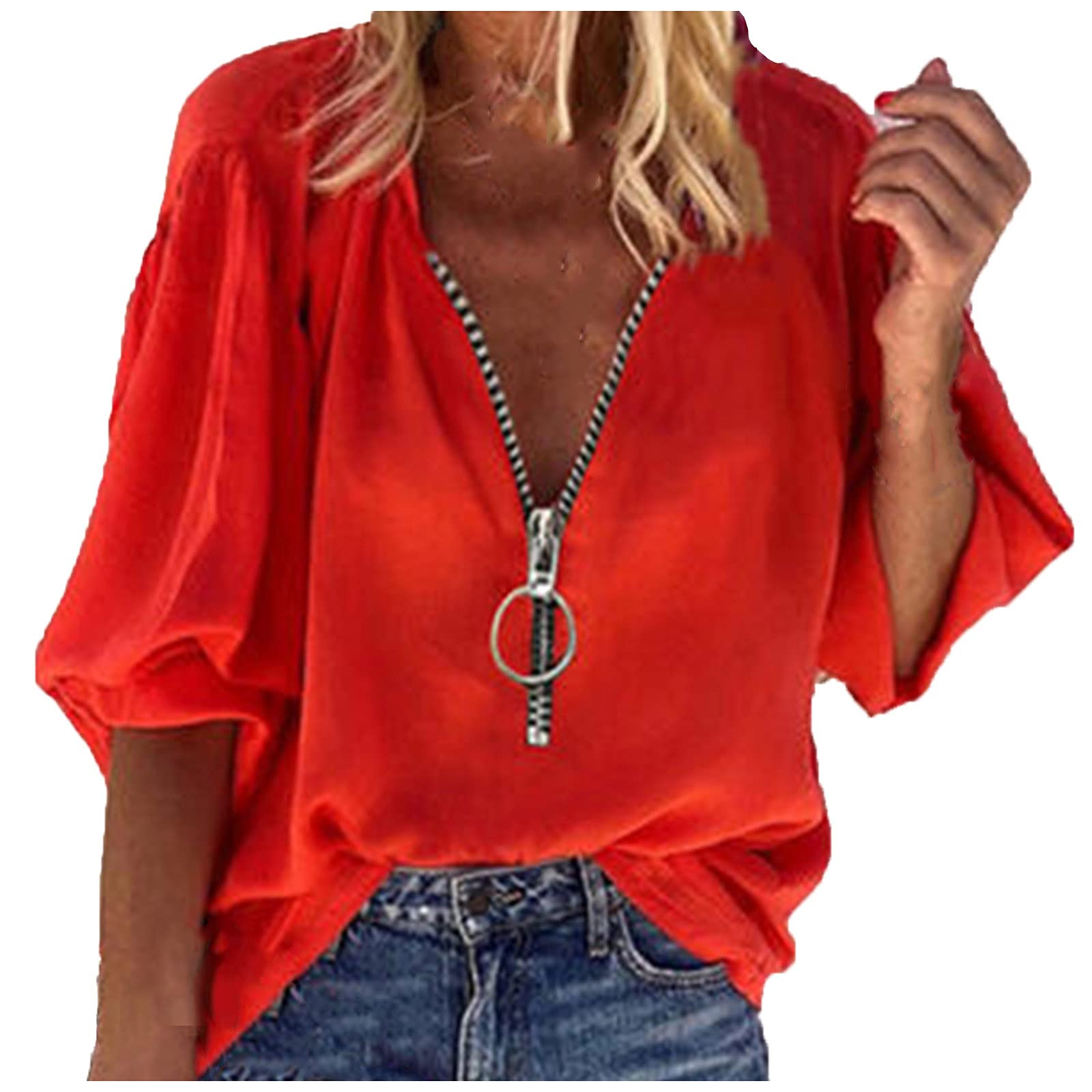 SHOPESSA Women's 3/4 Sleeve Zipper T-Shirt - Summer Casual V-Neck Loose Fit Solid Color Top for Women | Perfect for Work, Travel & Everyday Wear
