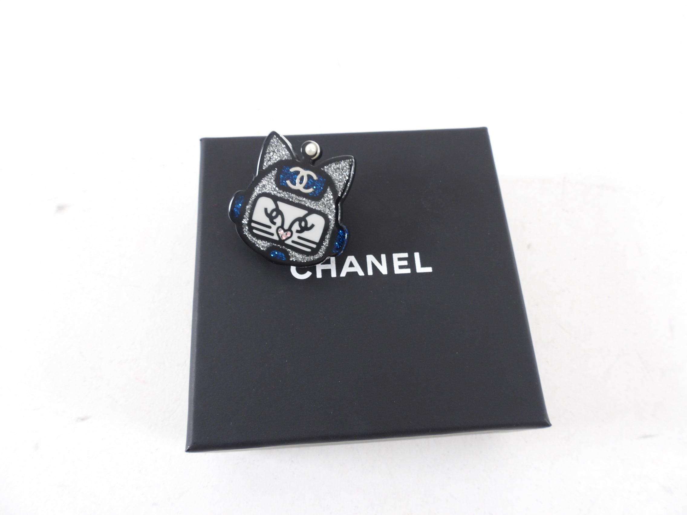 Chanel 17S Blue and Silver Resin Space Cat Brooch Pin - Vintage Luxury Cat Jewelry for Women - Perfect for Jackets, Scarves & Handbags