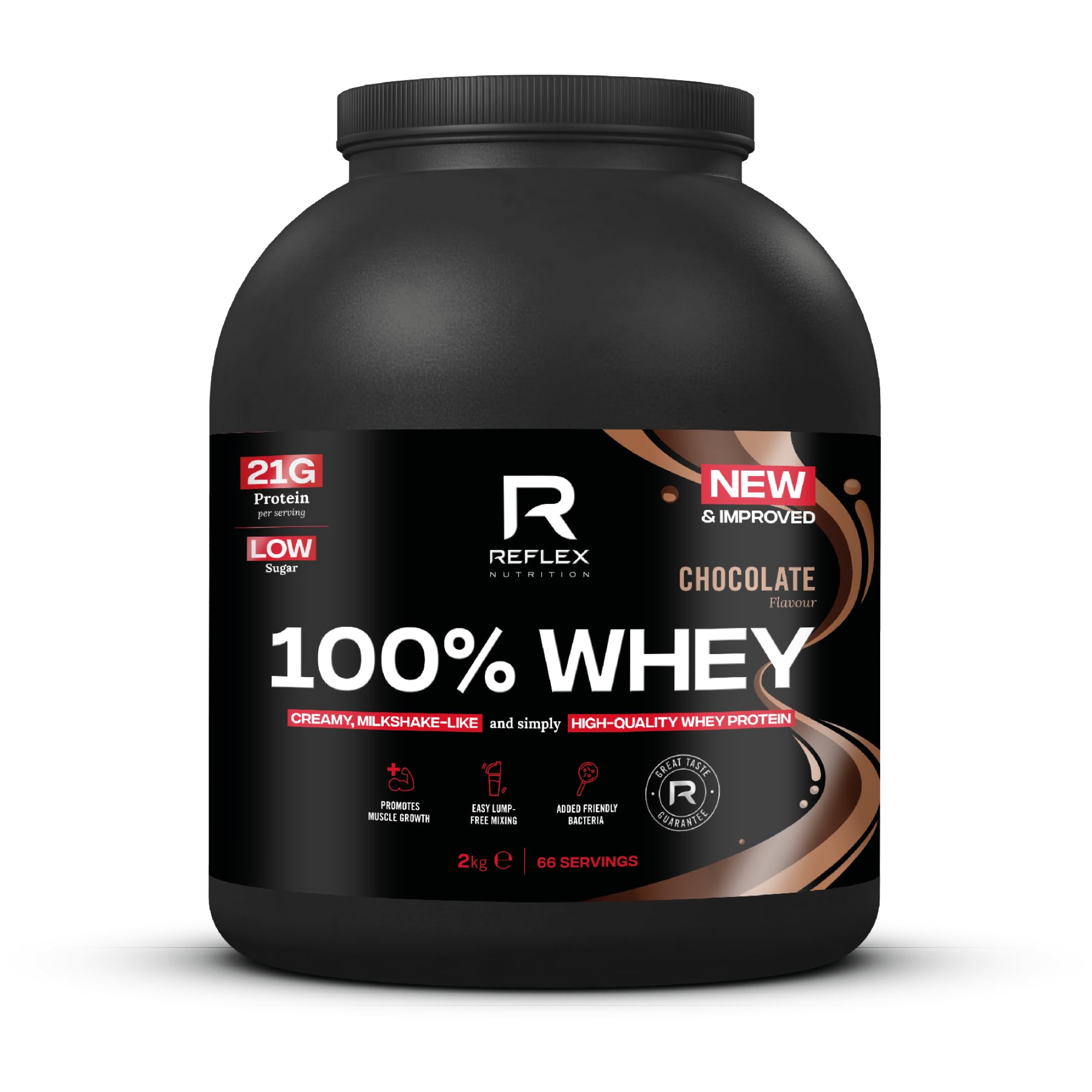 Reflex Nutrition 100% Whey Protein Powder - 80% Pure Whey with EAA Amino Acids - No Added Sugar - Pre & Post Workout Supplement for Muscle Recovery (Chocolate Flavor, 2kg/4.4lb, 66 Servings) - Ideal for Gym, Fitness & Bodybuilding Training