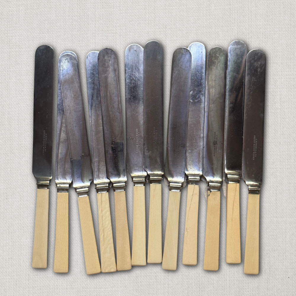12-Piece Set Vintage J. Russell & Co. Bone-Handled Table Knives - 19th Century Antique Silverware for Fine Dining & Collectors