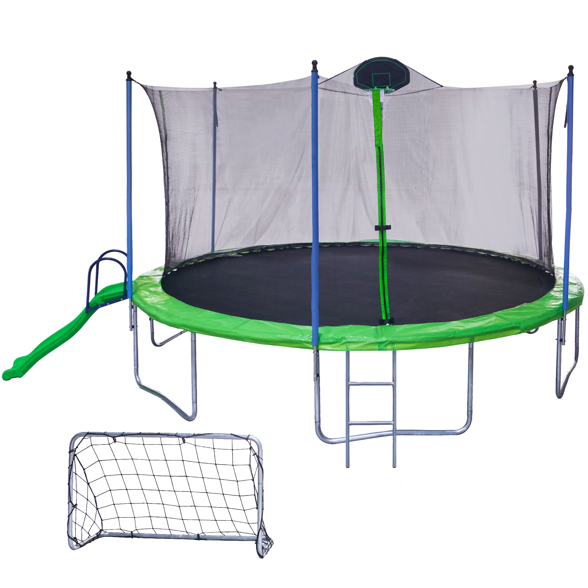 16FT Trampoline with Slide - Outdoor Trampoline for Kids & Adults with Safety Enclosure Net, Ladder, Basketball Backboard & Soccer Goal - Perfect for Backyard Fun, Family Exercise & Outdoor Play