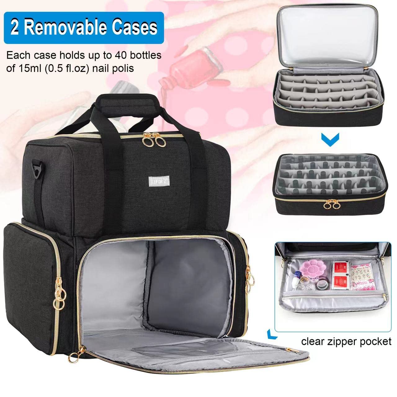 Professional 80-Bottle Nail Polish Organizer with Nail Lamp Holder & 2 Removable Bags - Portable Nail Technician Storage Case for Salon Supplies (Black) | Perfect for Mobile Nail Artists & At-Home Manicures