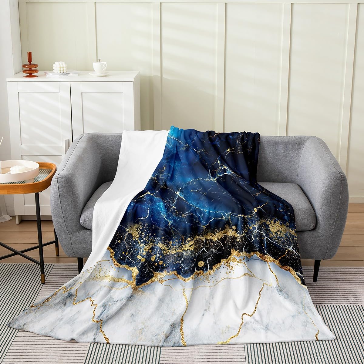 Erosebridal Marble Throw Blanket 40x50 Inches - Soft Flannel Fleece Blanket with Gold Glitter Geometric Lines & Navy Blue Marble Texture - Abstract Fluid Ink Magma Art Design for Kids Bedroom, Living Room Decor, Sofa Couch, Gift Idea
