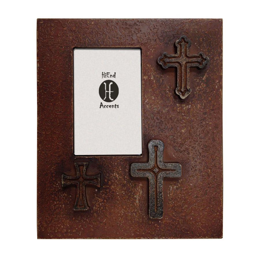 Distressed 3 Crosses Picture Frame in Red - Rustic Wall Decor for Home, Church & Office - Perfect for Religious Art, Family Photos & Inspirational Quotes
