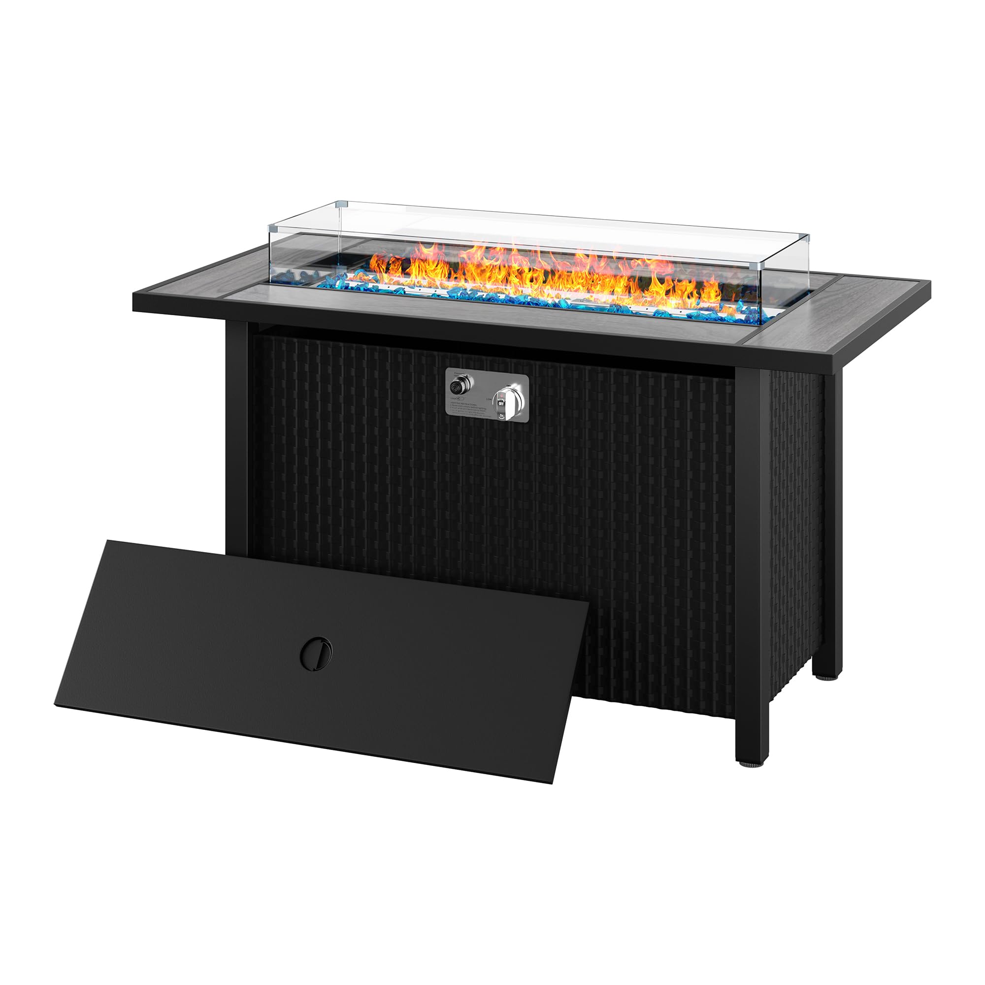 Shintenchi 45 Inch Outdoor Propane Fire Pit Table with Glass Window Protector - 50,000 BTU Steel Gas Fire Pit with Lid, Glass Crystal Stones & Waterproof Cover - Rattan Design for Patio, Backyard, Garden & Party Gatherings - Perfect for Outdoor Entertaining & Cozy Evenings