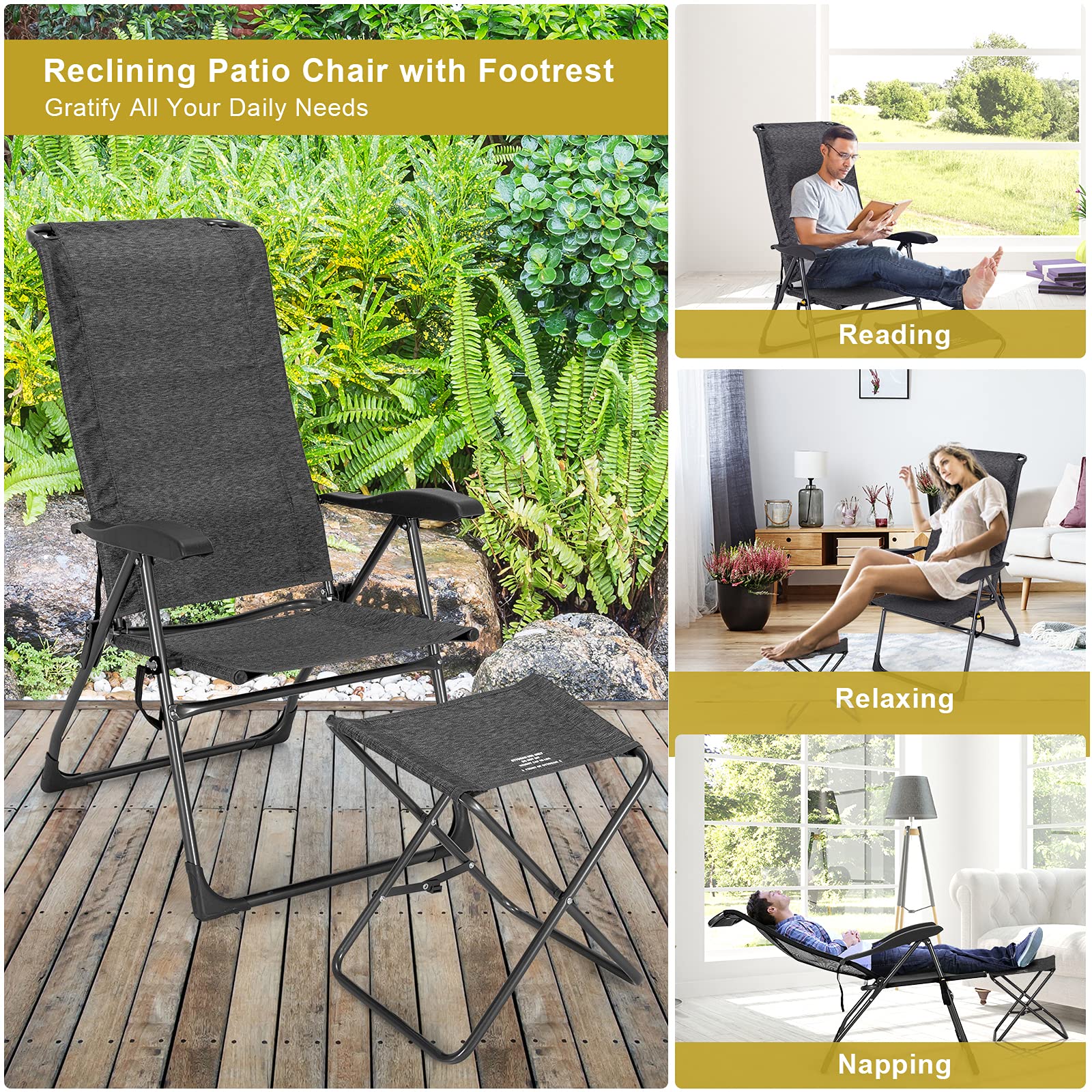 Giantex 4-Piece Folding Patio Chair Set - 2 Pack Adjustable Sling Chairs with Footrest for Outdoor Dining, Camping, Lawn & Poolside Relaxation | Portable Garden Chairs for Porch, Yard, Backyard & Beach Use