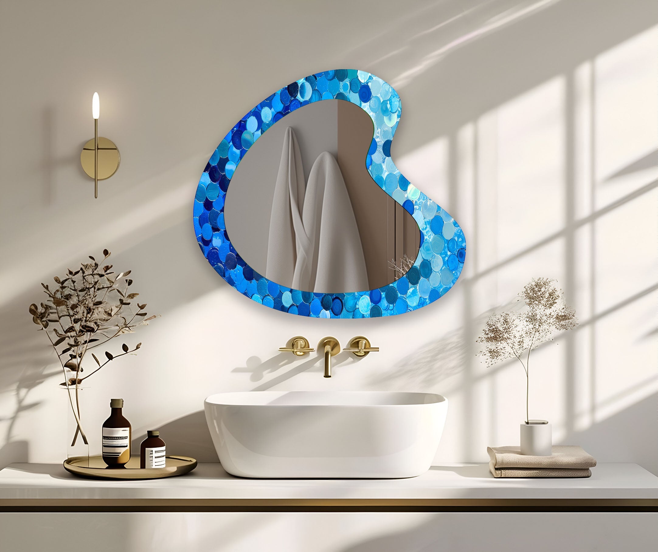 Blue Bubbles Decorative Glass Wall Mirror - Elegant Round Bathroom Vanity Mirror for Bedroom & Living Room Decor