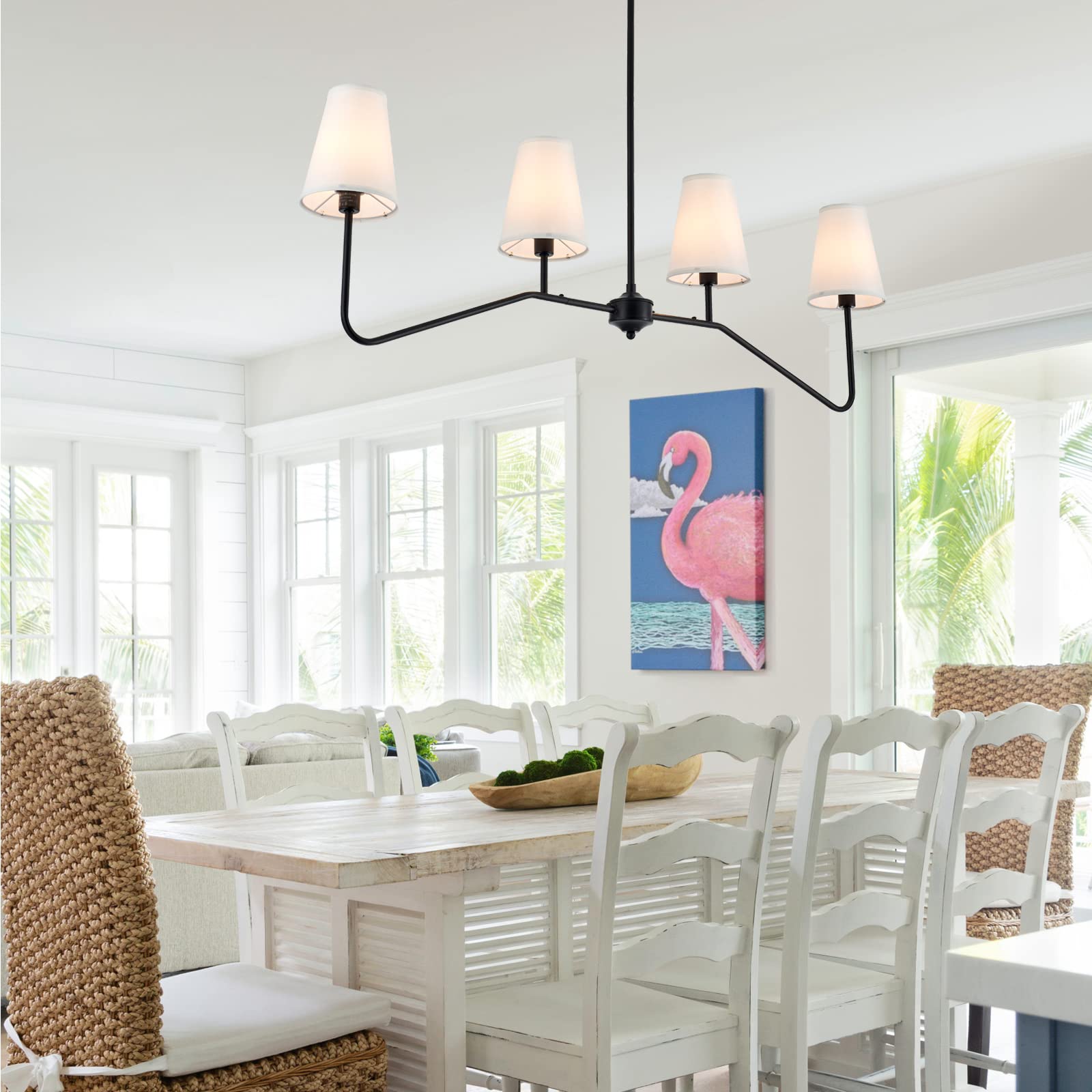 VILUXY Classic Linear Chandelier - 4-Light Modern Pendant Lighting for Kitchen Island, Dining Room & Living Room | Off-White Fabric Shade | Indoor Restaurant Lighting | Perfect for Contemporary Homes & Commercial Spaces