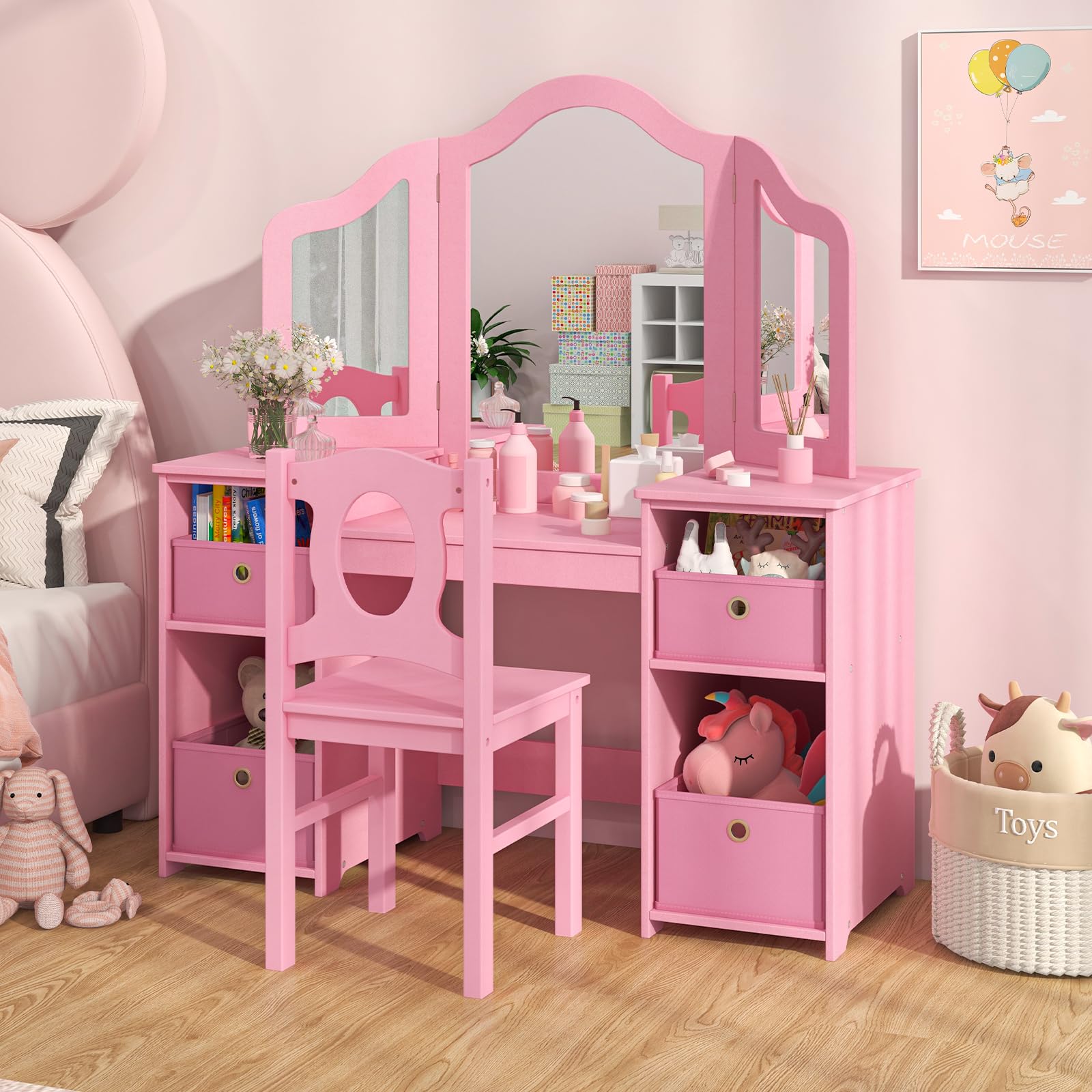 INFANS Kids Vanity Set - 2-in-1 Princess Makeup Desk & Chair with 4 Drawers, Tri-Folding Mirror & Large Storage | Wooden Dressing Table for Toddler Girls | Perfect for Pretend Play, Birthday Gifts & Bedroom Decor