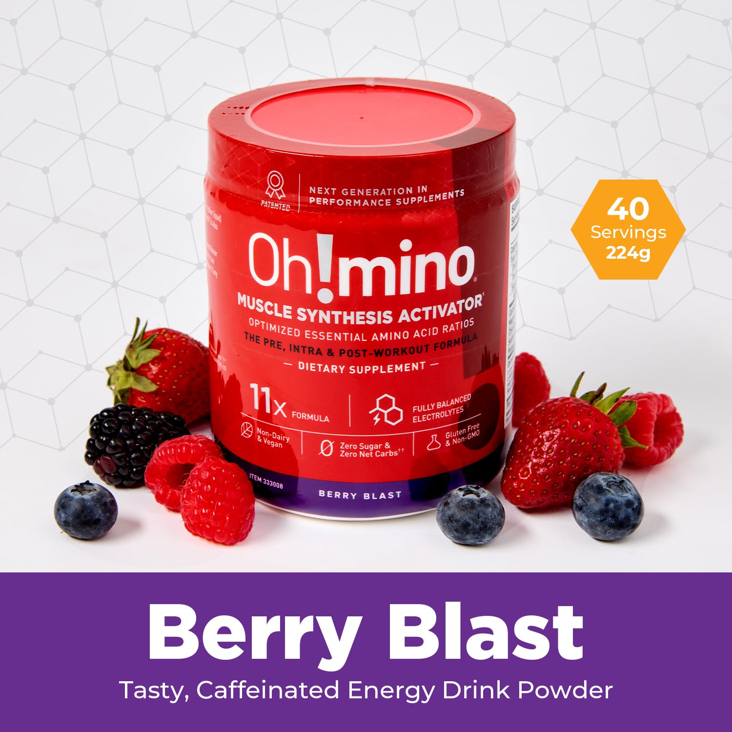 Oh!mino Amino Acids for Muscle Gain - BCAAs Powder Supplement for Pre & Post Workout - Vegan, Caffeinated, Zero Sugar & Net Carbs - 40 Servings (Berry Blast) - Ideal for Gym, Fitness & Recovery