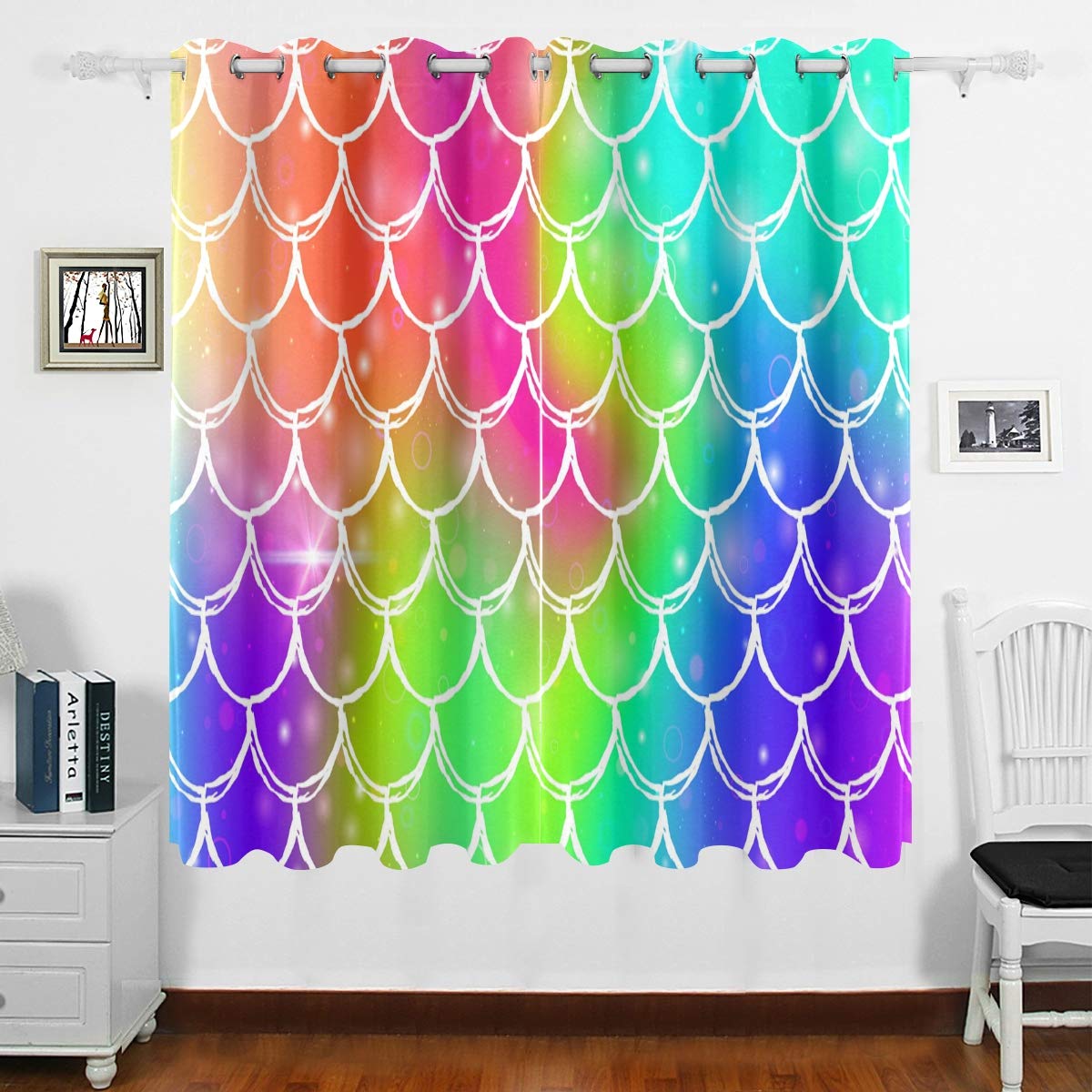 DOMIKING Blackout Curtains for Bedroom - Thermal Insulated Room Darkening Drapes with Rainbow Scales Mermaid Design, 63x55 Inch, Home Decor for Living Room & Bedroom - Perfect for Light Sleepers, Home Theater & Nursery Room Blackout Needs