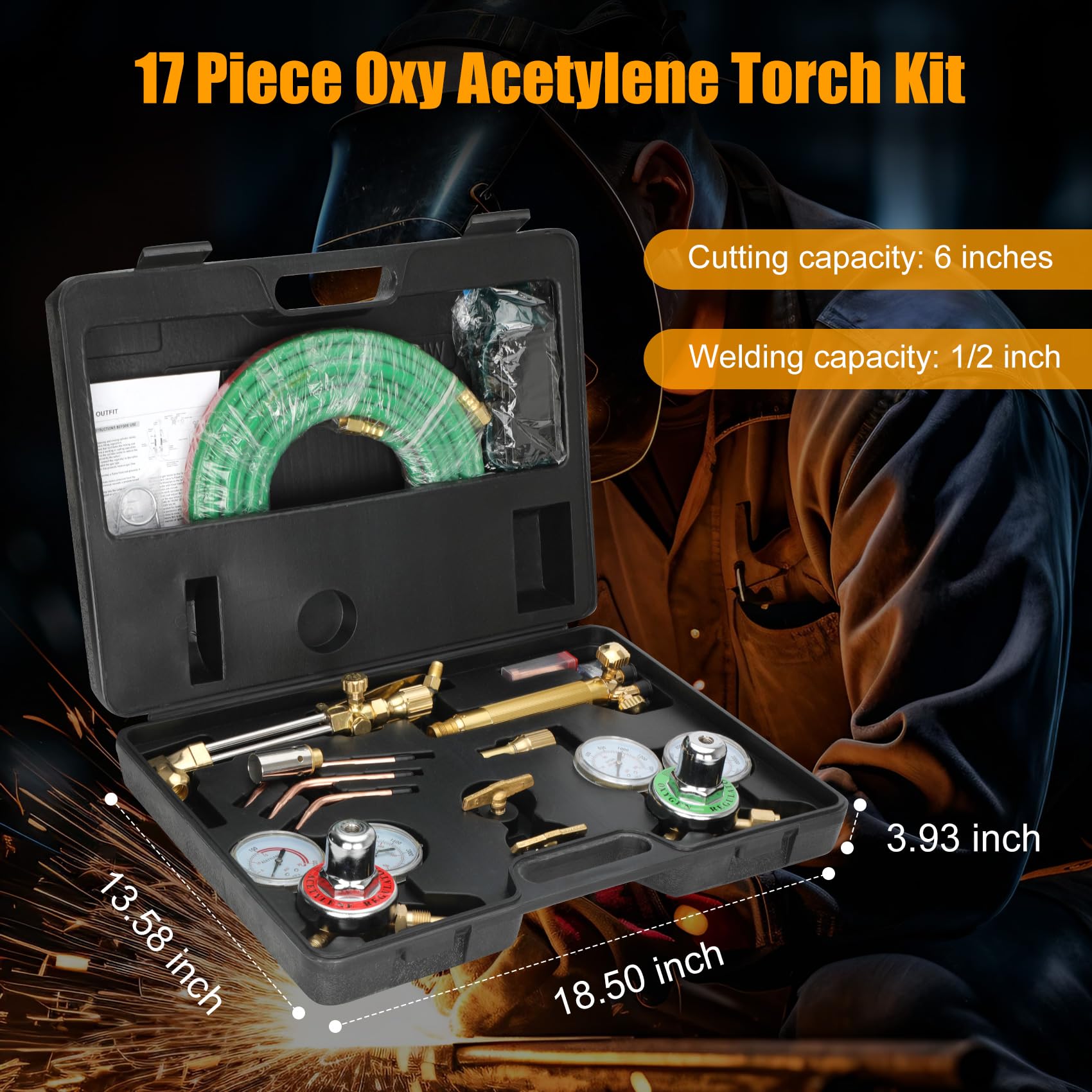 17-Piece Oxy Acetylene Torch Kit for Cutting & Welding - Medium Duty with 3 Rods & Cutting Nozzle - Perfect for Metal Fabrication, Auto Repair, and DIY Projects