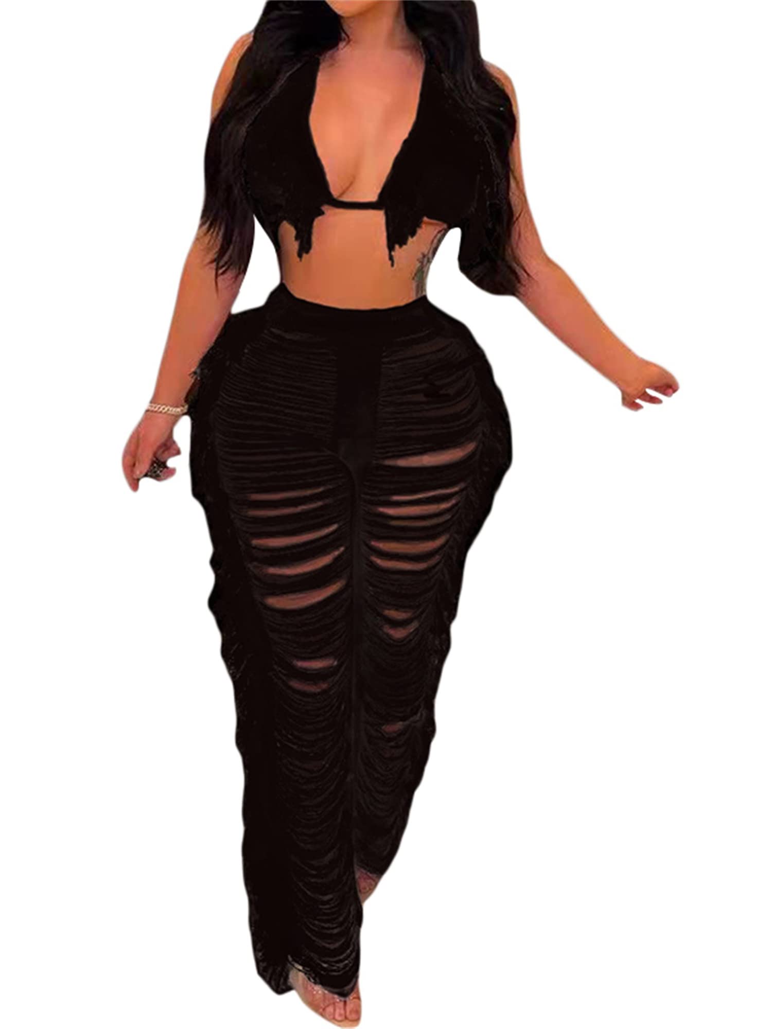 Stylish Women's Two-Piece Outfit - Halter Tank Top & Hollow Out Wide Leg Pants Jumpsuit Set | Summer Beachwear, Casual Street Style, Vacation Outfits