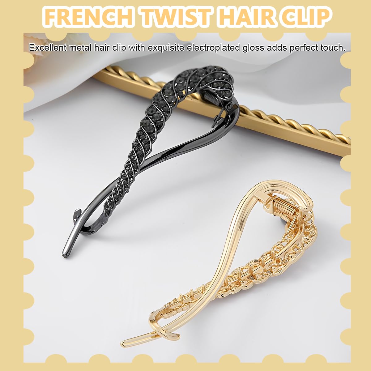 PALAY® 2-Pack Rhinestone Hair Bun Clips for Women - French Style Metal Bun Makers for Medium to Thick Hair (Black & Gold Set) | Perfect for Updos, Weddings, Parties & Everyday Elegant Hairstyles