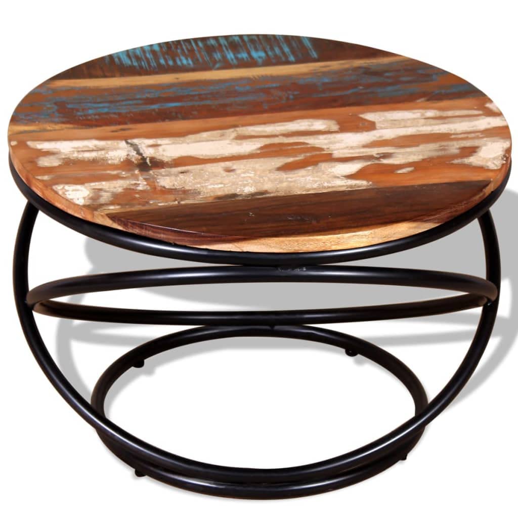 Vintage Round Coffee Table - Industrial Style Cocktail Table with Solid Reclaimed Wood & Metal Frame - 23.6