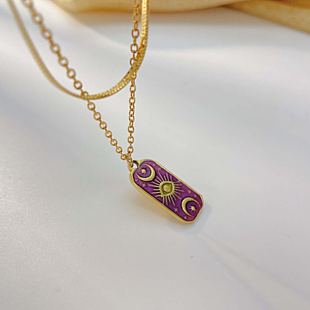 Moon Star Herringbone Pendant Chain Necklace - 18K Gold Plated Stainless Steel Jewelry for Women | GX2279 | Perfect for Date Night, Wedding & Everyday Elegance