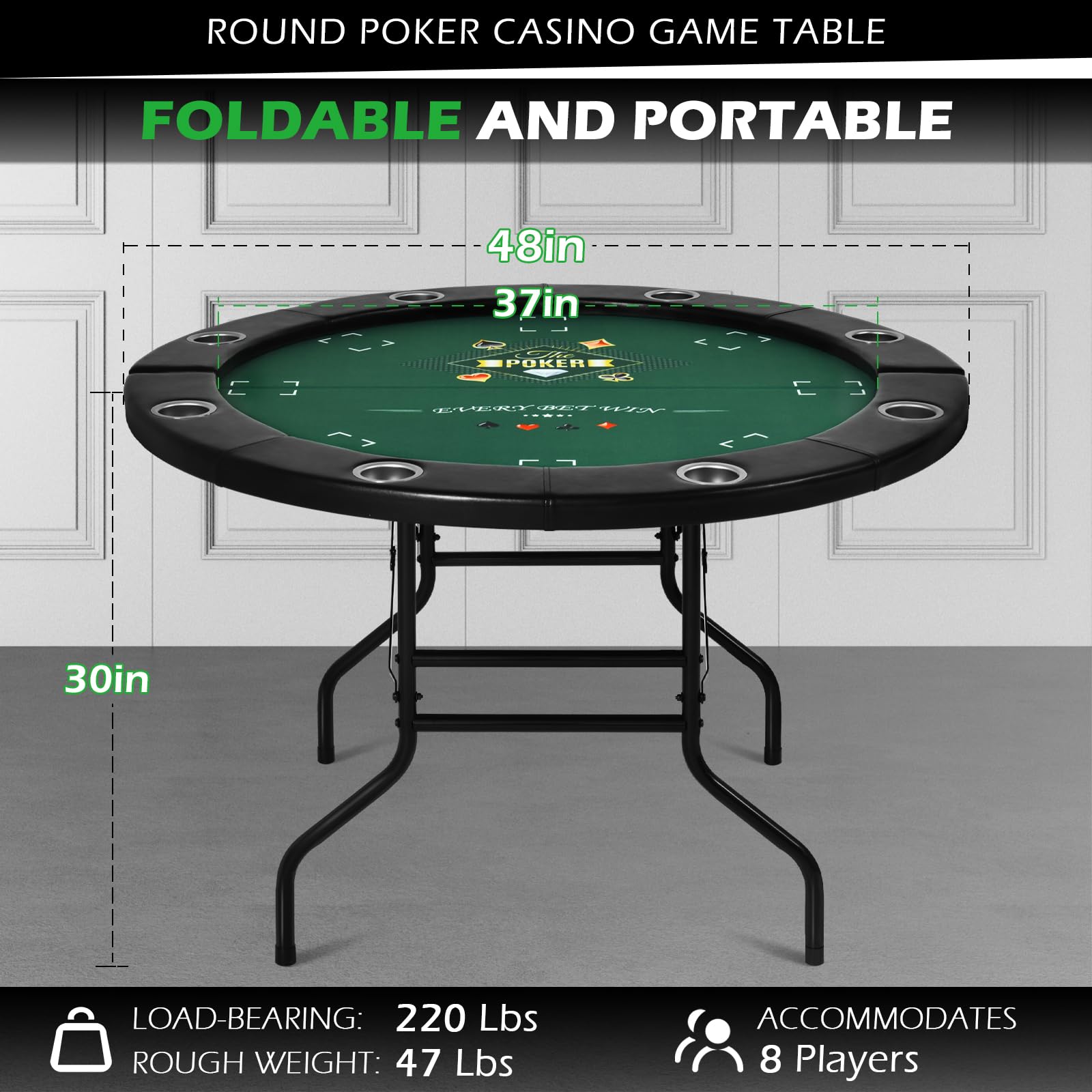 Premium 8-Player Round Poker Table Foldable - Casino Style Card Game Table with Stainless Steel Cup Holders & Padded Rails - Folding Texas Holdem Blackjack Table for Home Game Nights & Casino Parties (Black) - Perfect for Poker Nights, Casino Themed Events & Family Game Gatherings