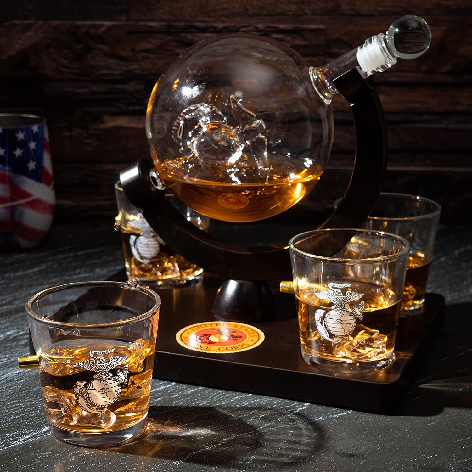 Premium U.S. Marine Globe Whiskey Decanter Set with 4 Crystal Glasses - Veteran Gift Box with Mahogany Wood Base & Military Emblem - Bourbon Scotch Decanter for Men, Military Dad Gifts, Patriotic Home Bar Decor (29oz) - Perfect for Veterans Day, Retirement Parties & Man Cave Whiskey Collections