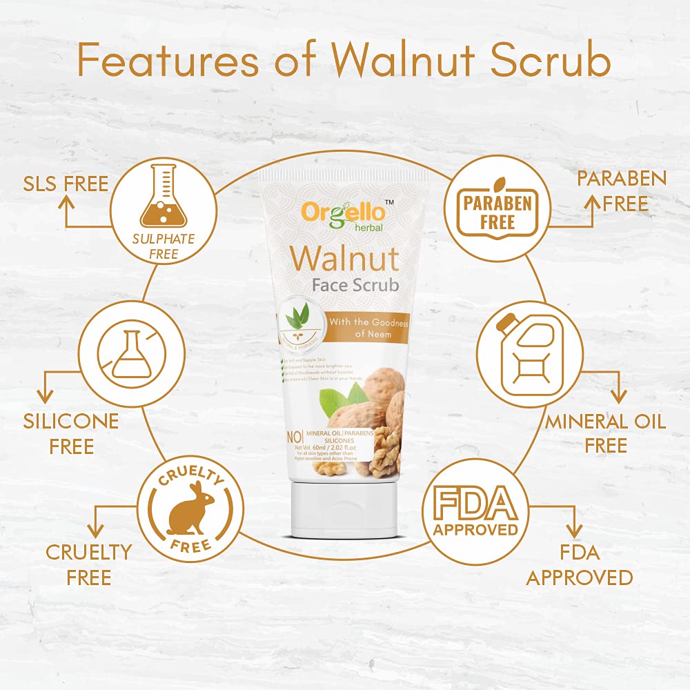 Orgello Herbal Walnut Scrub 60g (Pack of 2) - Natural Face & Body Exfoliator for Men & Women - SLS, Paraben & Mineral Oil Free - Ideal for Normal, Oily & Dry Skin - Perfect for Daily Skincare Routine & Spa Treatment at Home