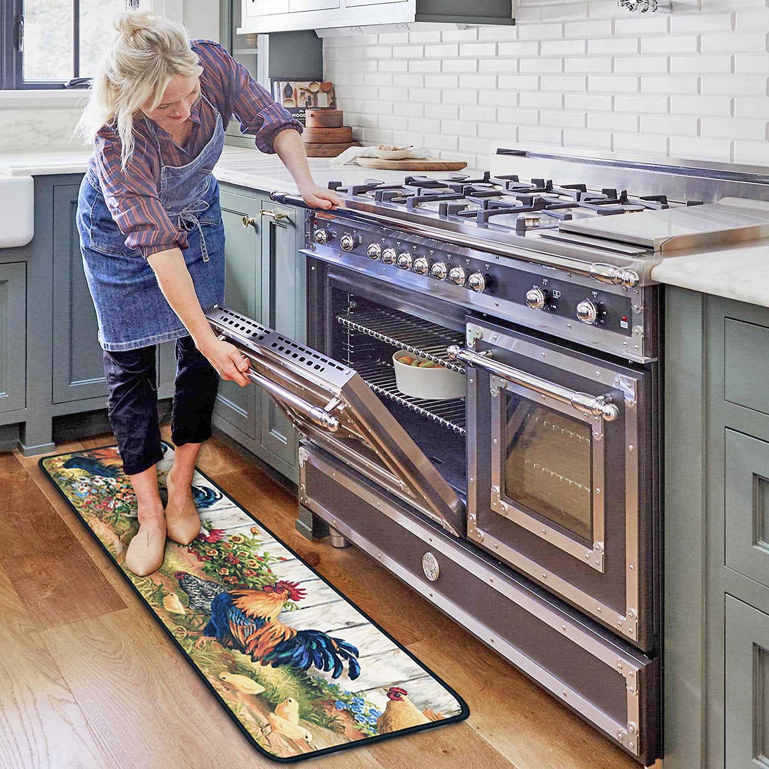 Non-Slip Washable Microfiber Kitchen Rugs Set of 2 - Rooster Design Absorbent Floor Mats (17