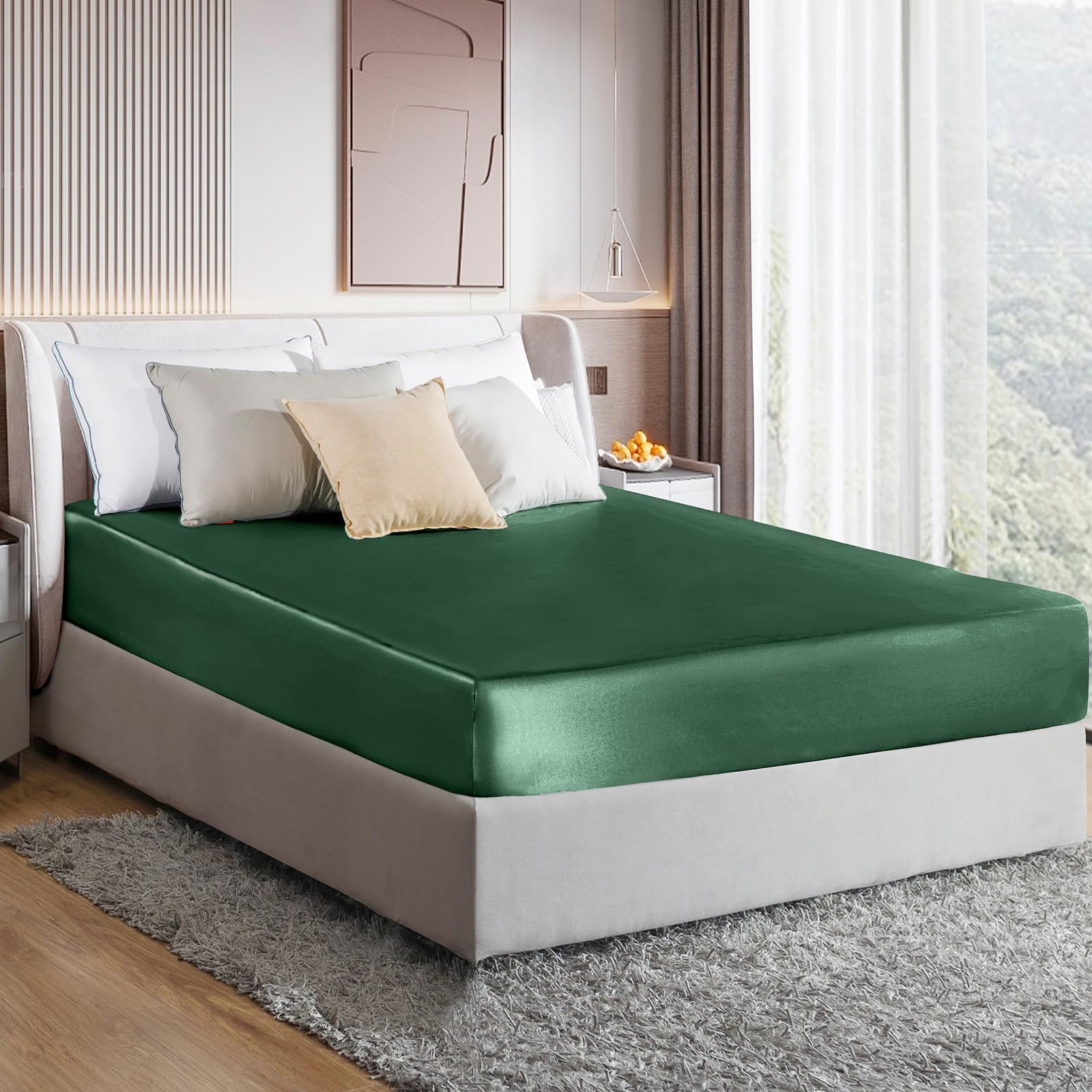Premium MILVOWOC Queen Satin Fitted Sheet - Soft Blackish Green Bottom Sheet Only (1 Piece) for Luxurious Bedroom Comfort | Perfect for Hotels, Guest Rooms & Home Decor