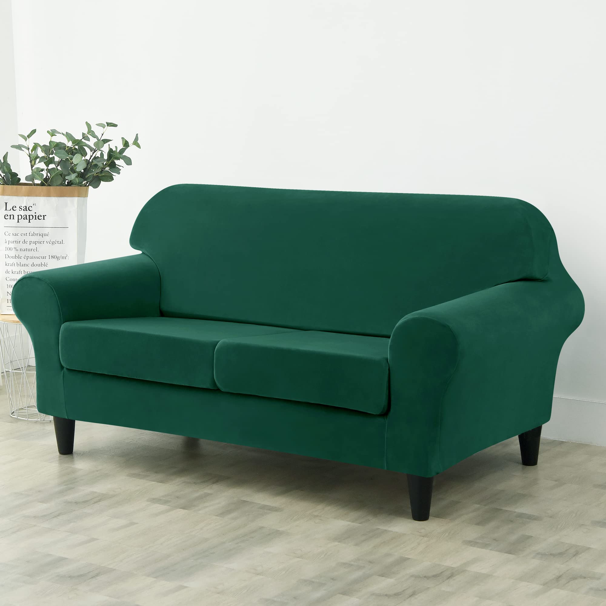 CONRUSER Stretch Sofa Slipcover - Soft Velvet Couch Cover for 2 Cushion Sofa, Thick Furniture Protector for Pets & Kids (Green, Medium) - Perfect for Living Room, Family Room & Pet-Friendly Homes