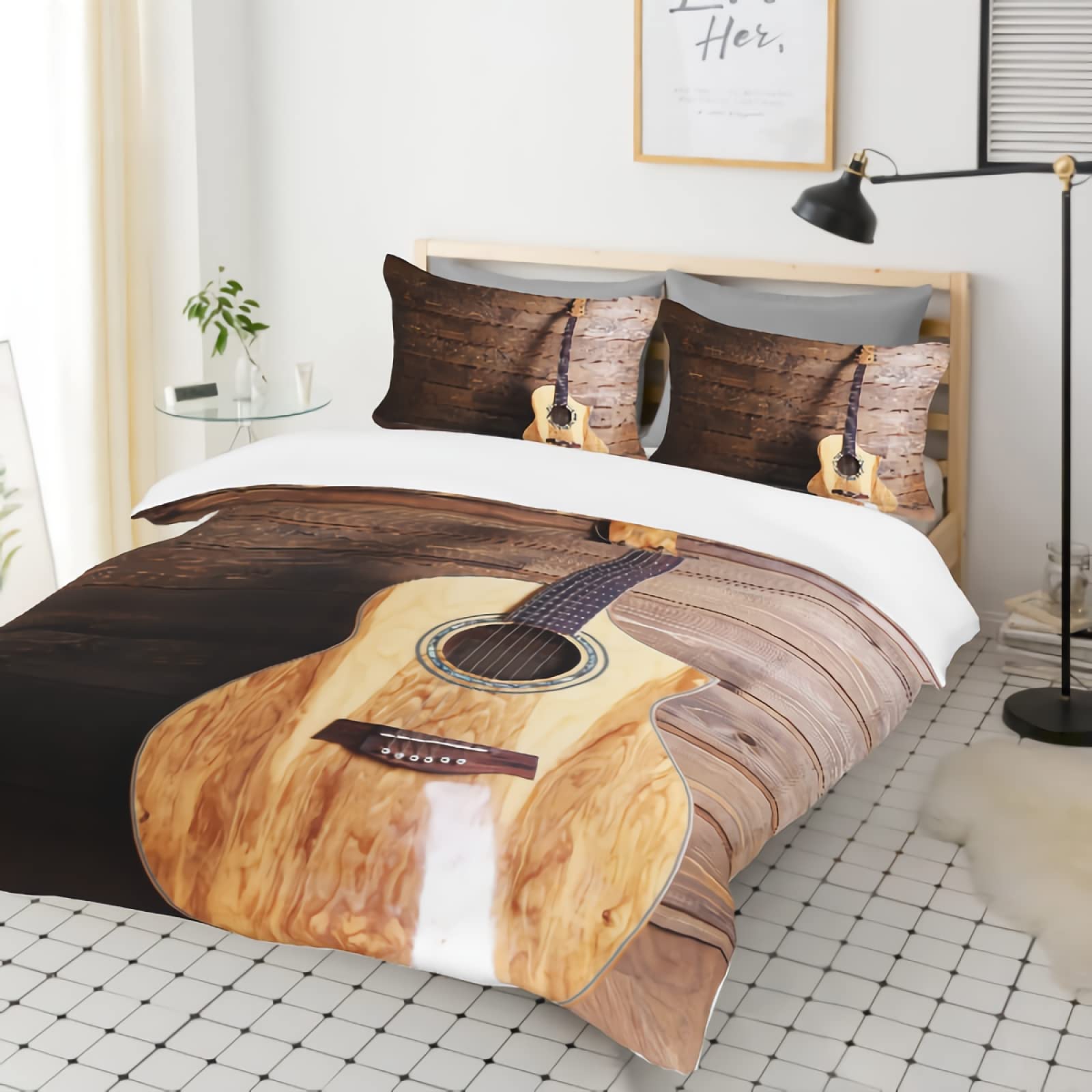 GREDBH King Musical Instruments Duvet Cover Set - Guitar Print Comforter Cover with 2 Pillowcases, 3-Piece Bedding Set, 100% Soft Microfiber (Comforter Not Included) - Perfect for Music Lovers' Bedroom Decor, Wooden Wall Theme, and Gift Ideas